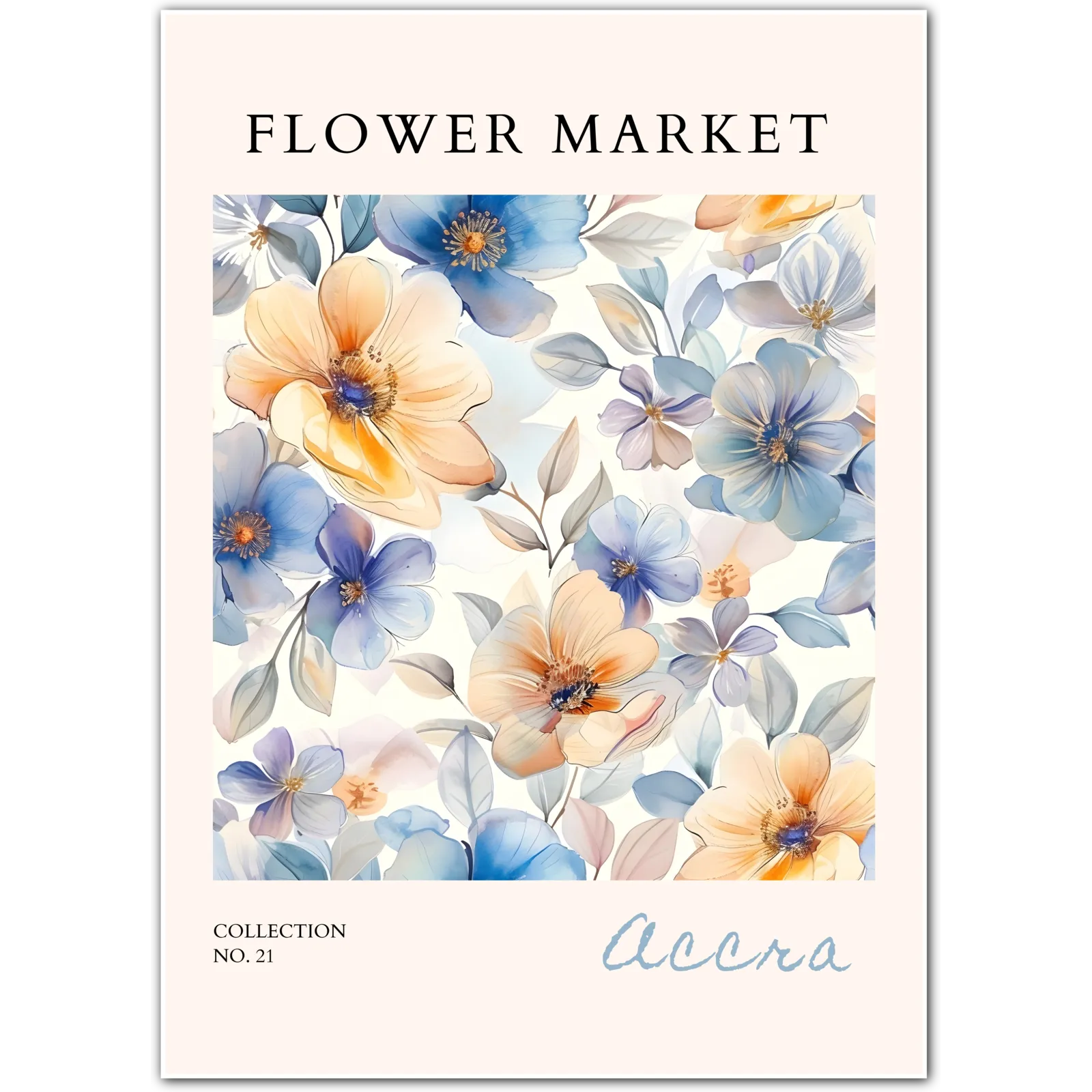 Accra Bloom – Watercolour Floral Art Print in Soft Blues and Golds