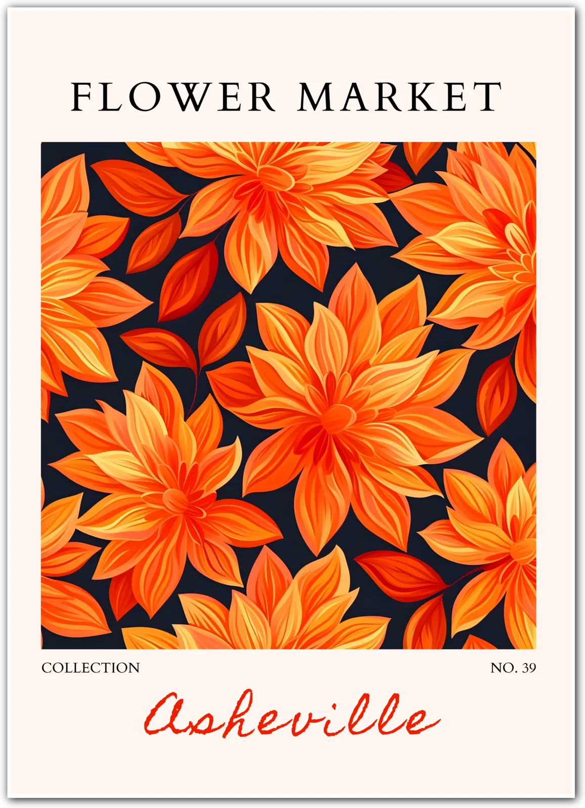 Asheville Dahlia Burst – Fiery Floral Art Print in Warm Oranges