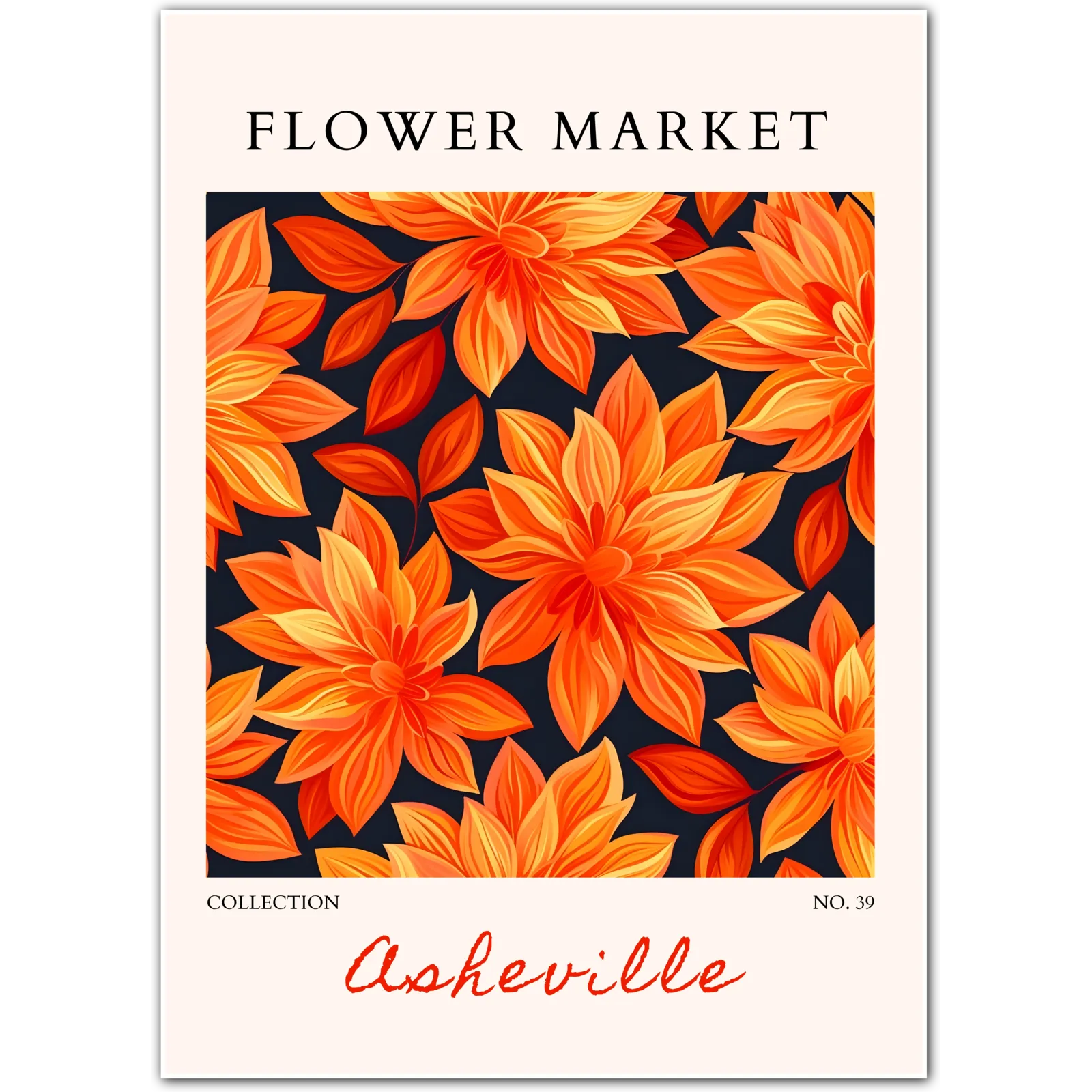 Asheville Dahlia Burst – Fiery Floral Art Print in Warm Oranges