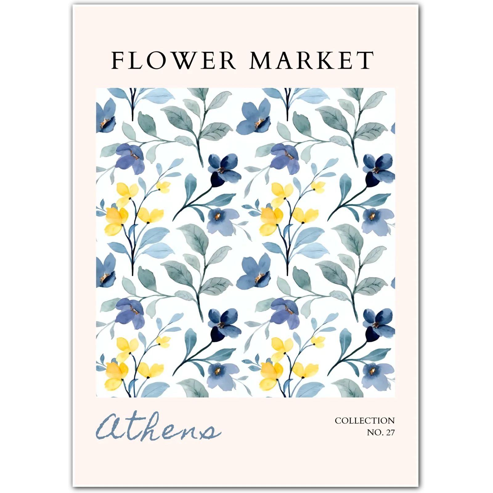 Athens Morning Blooms – Watercolour Floral Print in Blue and Yellow