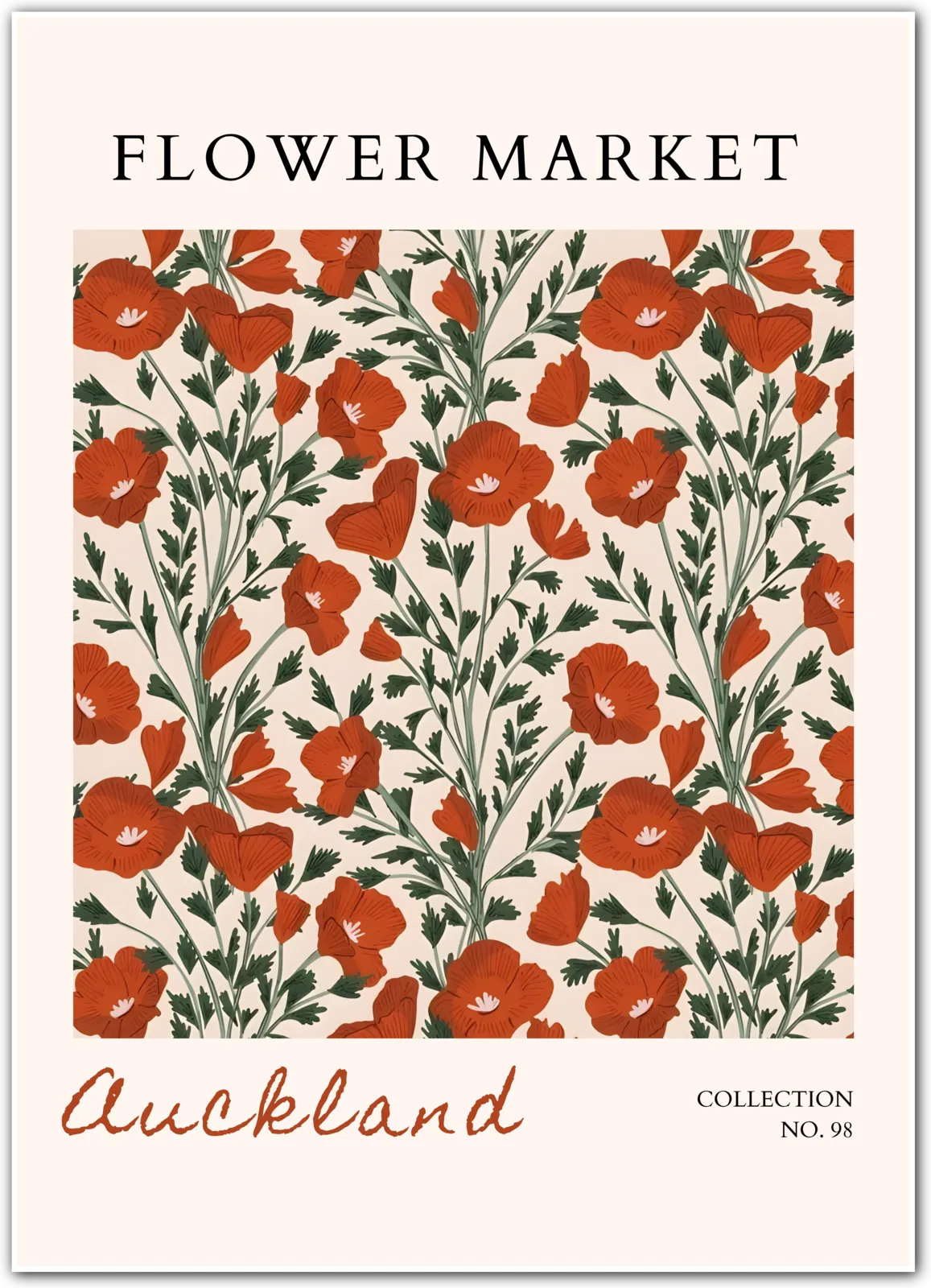 Auckland Poppy Grove – Bold Botanical Art in Terracotta and Green