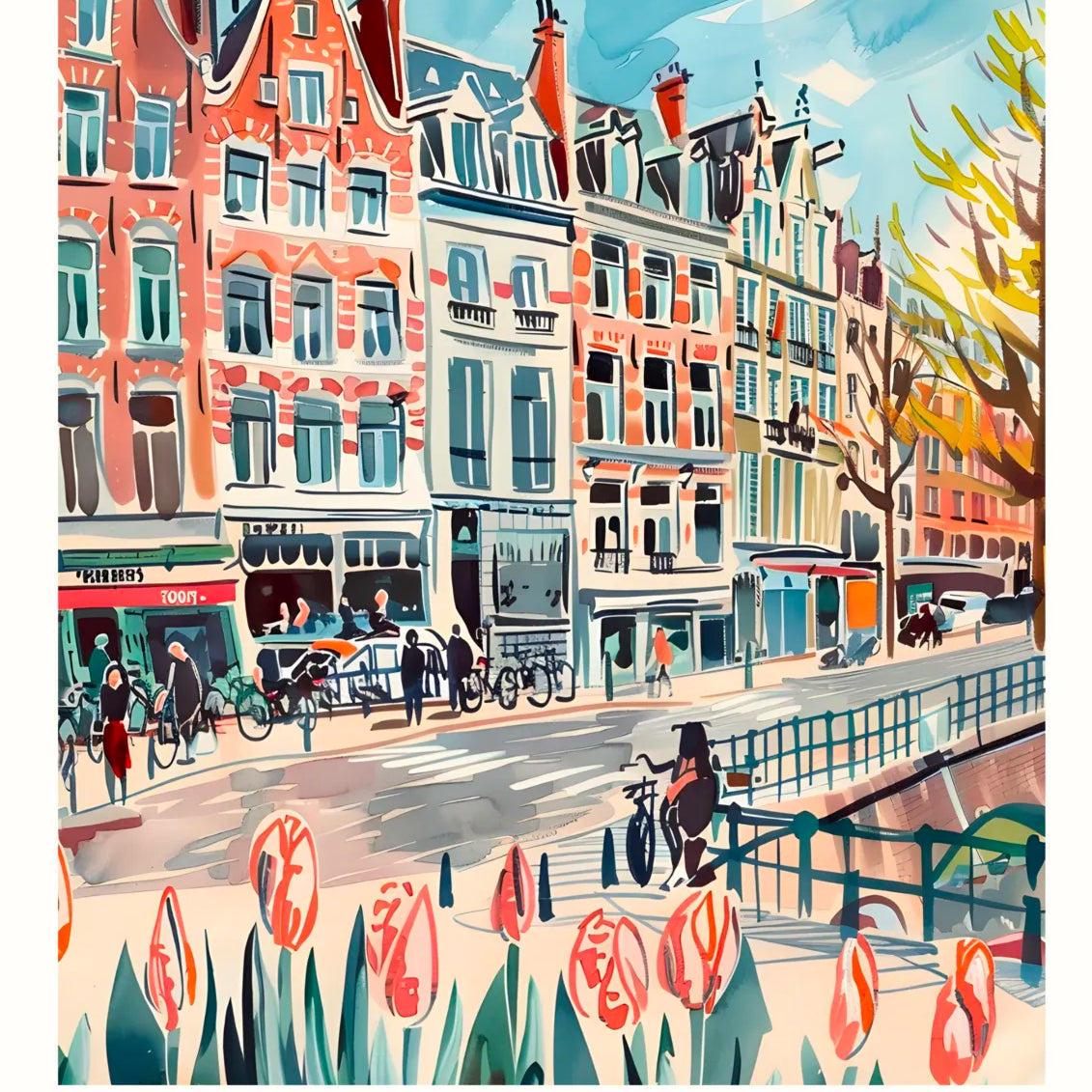 Amsterdam Street Scene with Tulips Impressionist Art Print 3