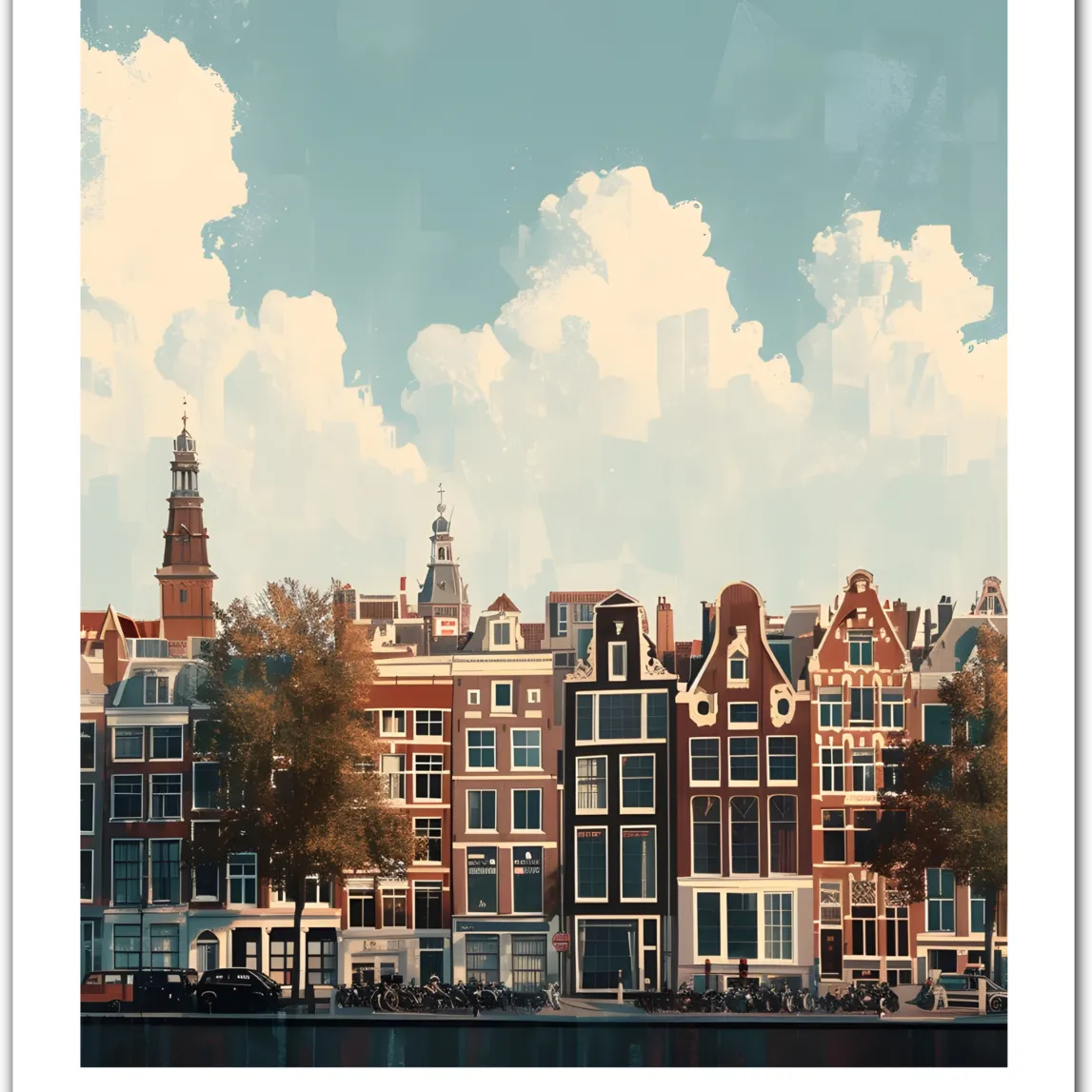 Amsterdam Netherlands Art Print – Canal View and Iconic Architecture