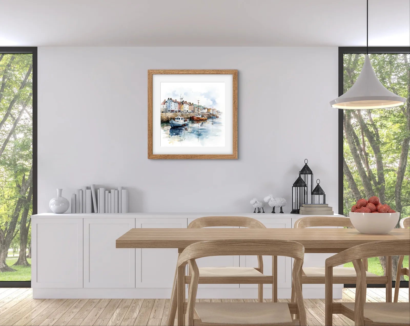 Watercolour painting of a harbour with colourful boats and buildings reflecting on the water.