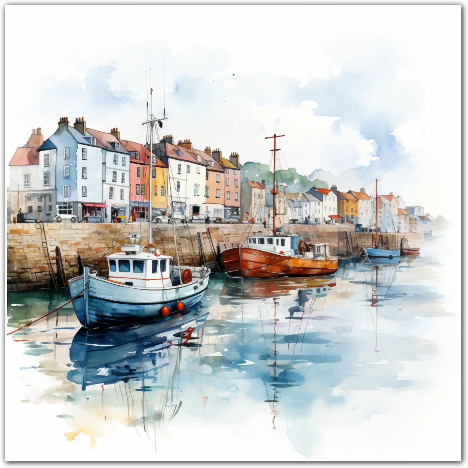Watercolour painting of a harbour with colourful boats and buildings reflecting on the water.