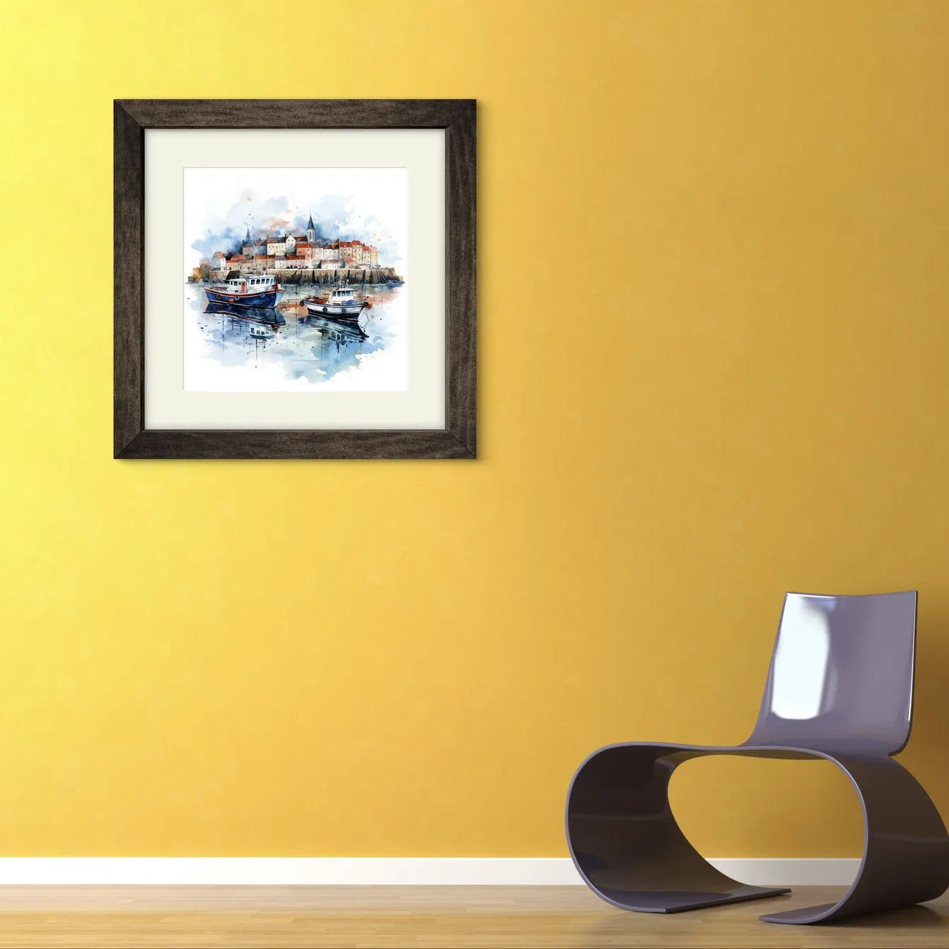 Watercolour painting of a harbour with boats and a coastal town.