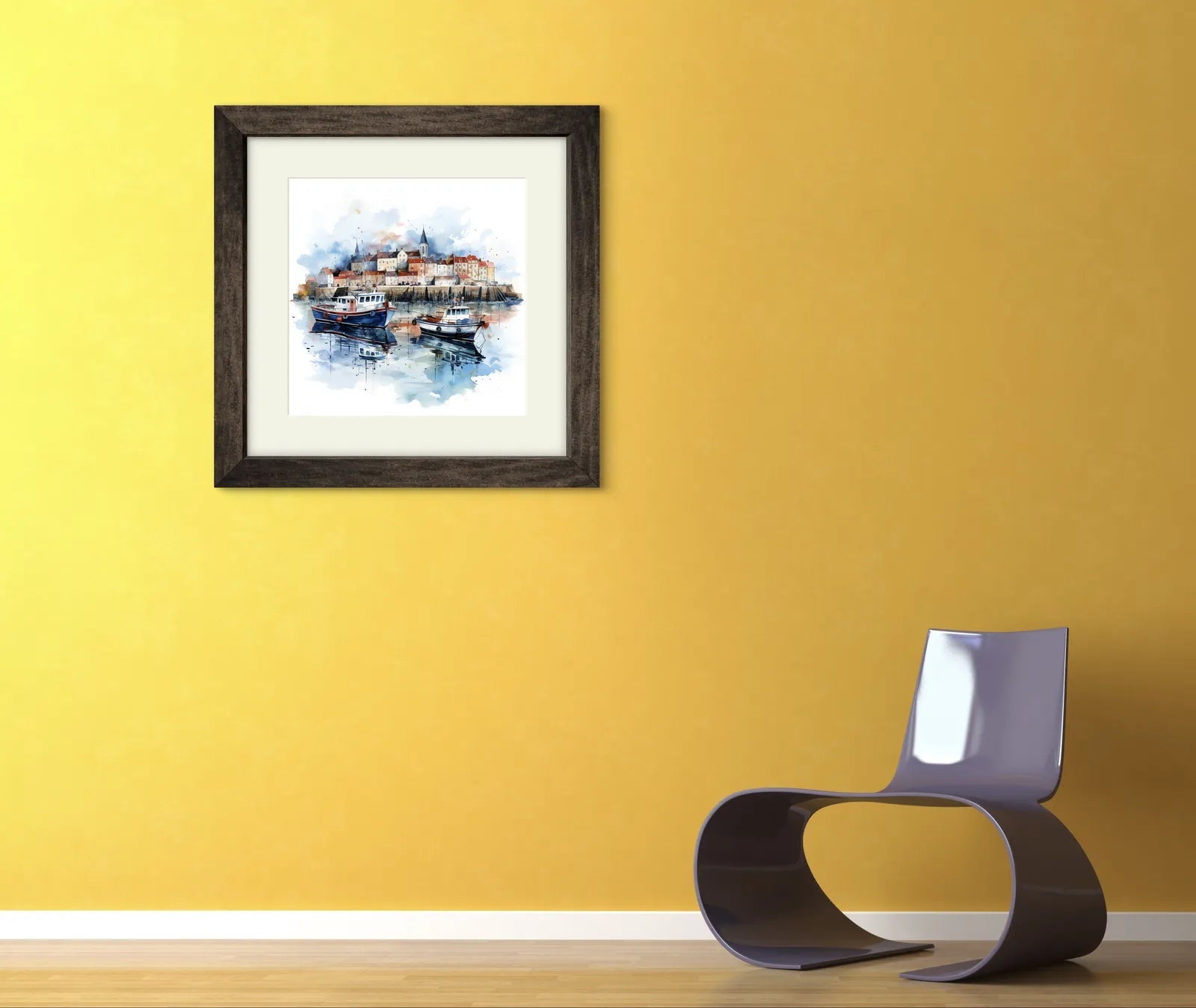 Watercolour painting of a harbour with boats and a coastal town.