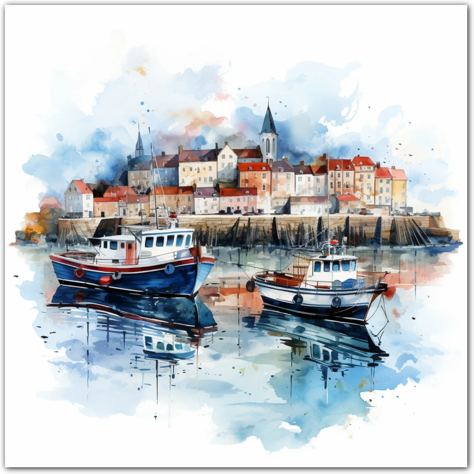 Watercolour painting of a harbour with boats and a coastal town.