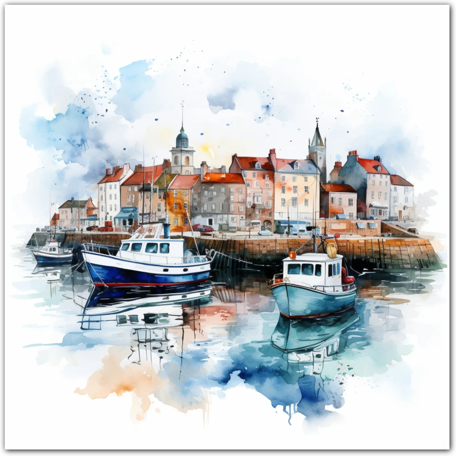 Watercolour painting of a harbour with colourful boats and buildings.