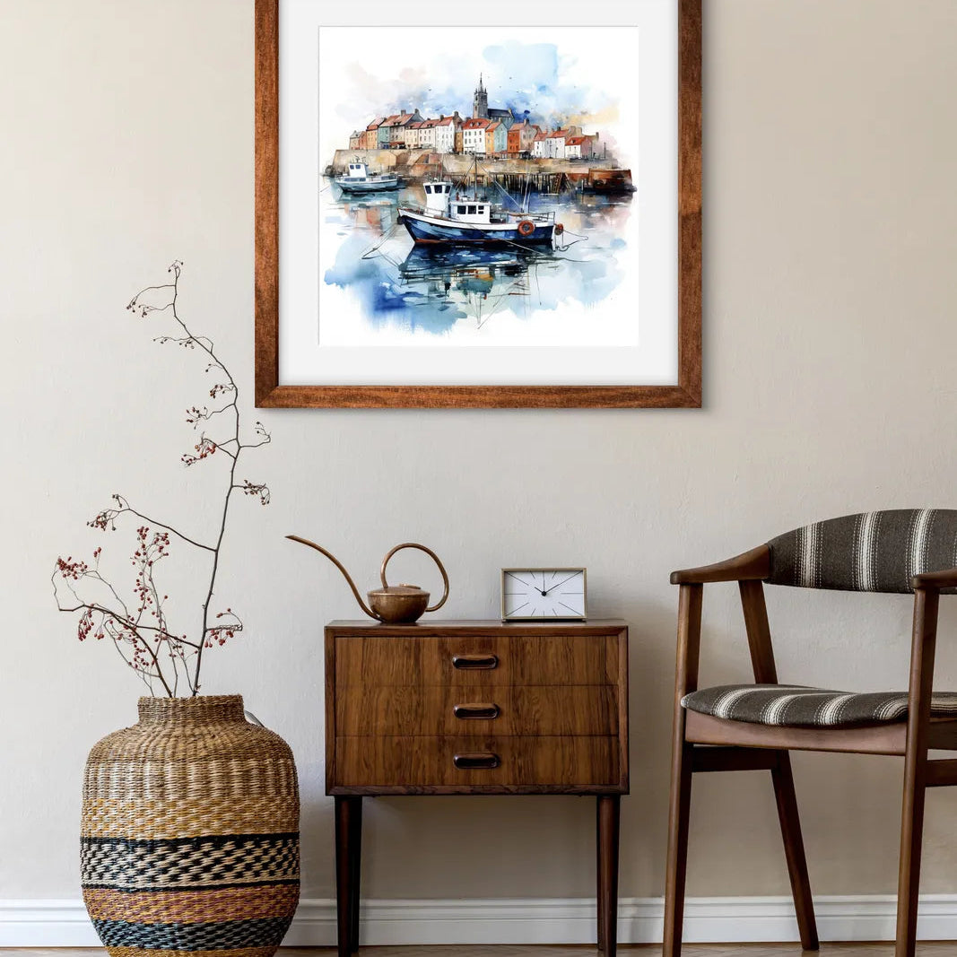 Watercolour painting of a serene harbour with boats and colourful buildings.