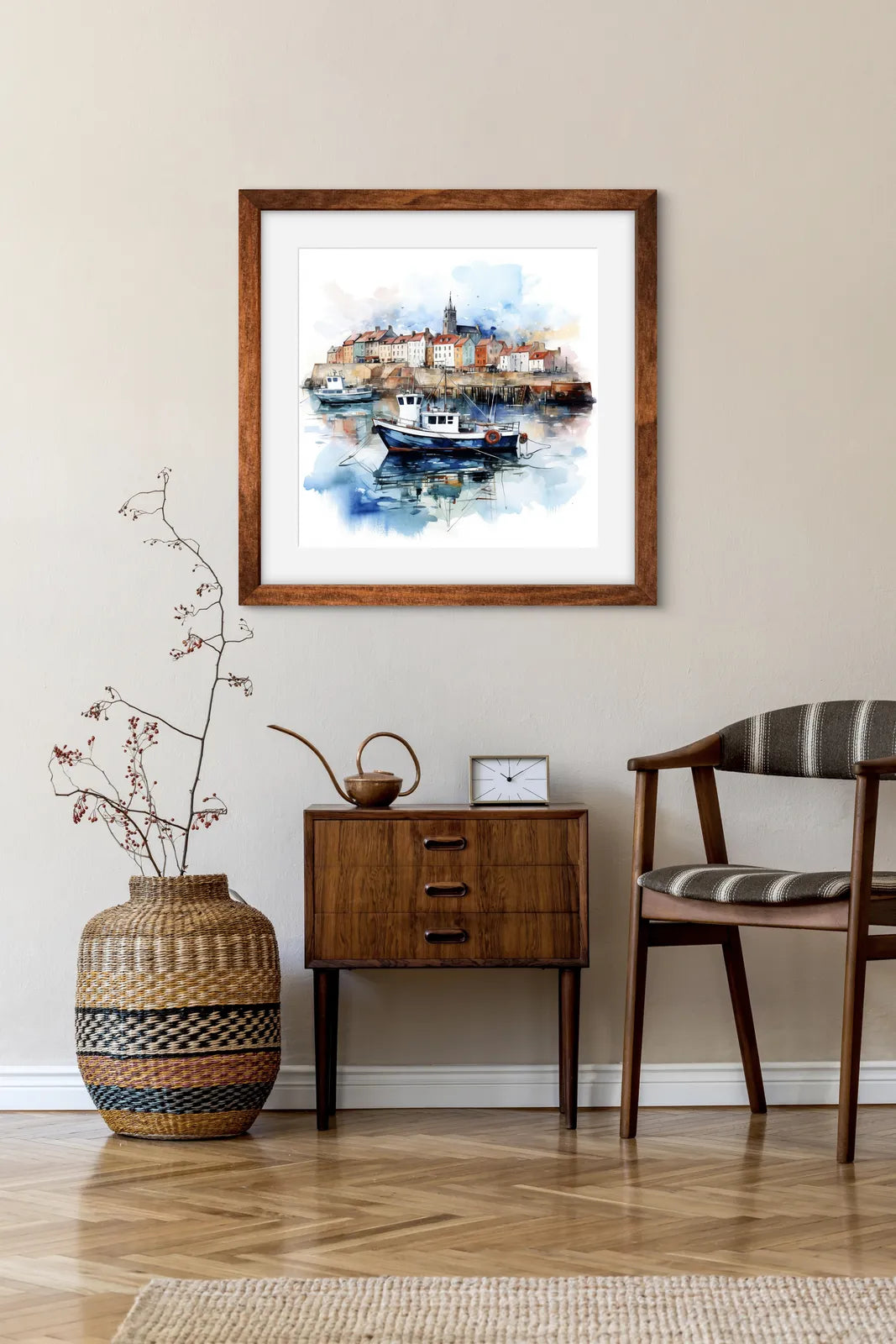 Watercolour painting of a serene harbour with boats and colourful buildings.