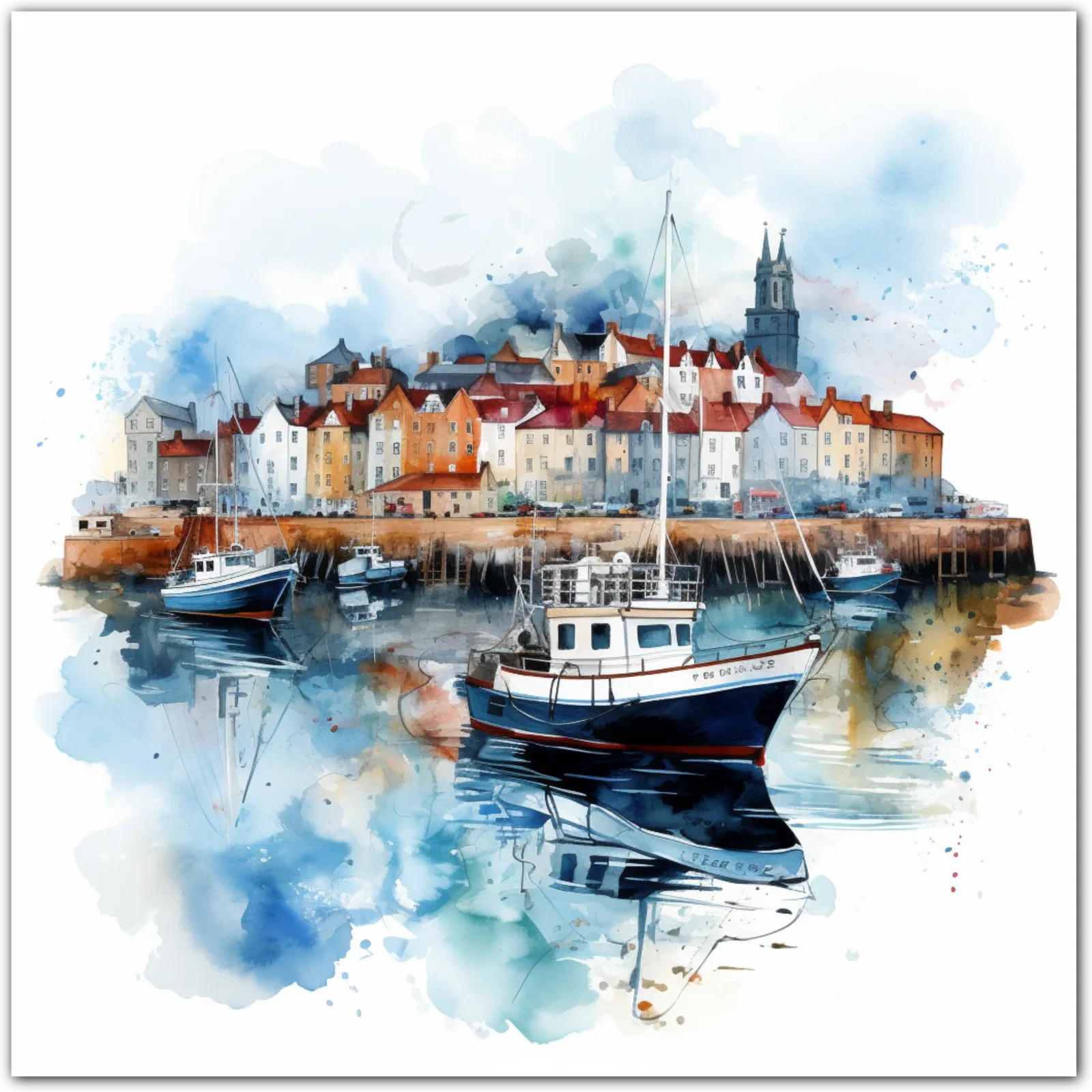 Watercolour painting of a coastal village with boats in a harbour.