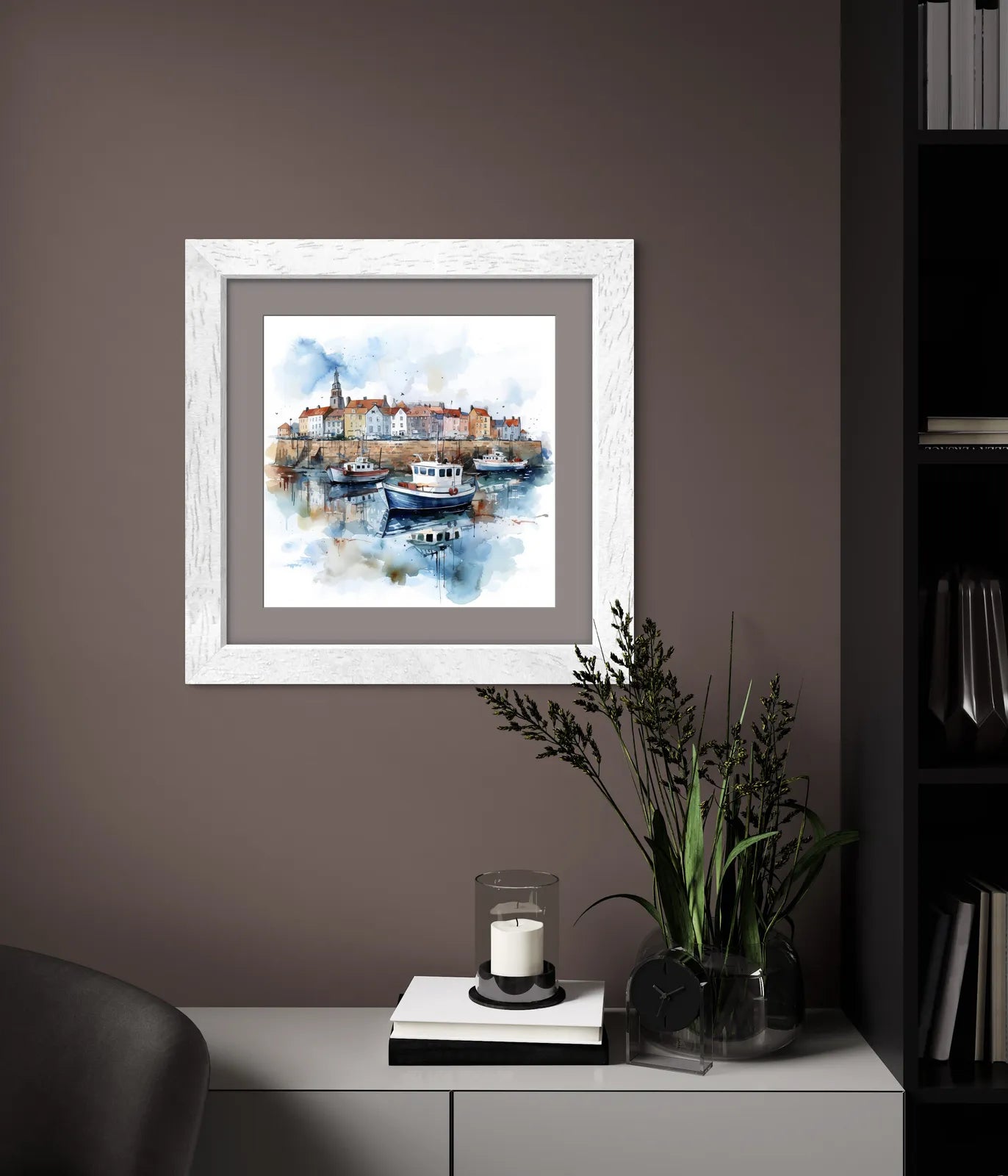 Watercolour painting of a harbour with boats and colourful houses.
