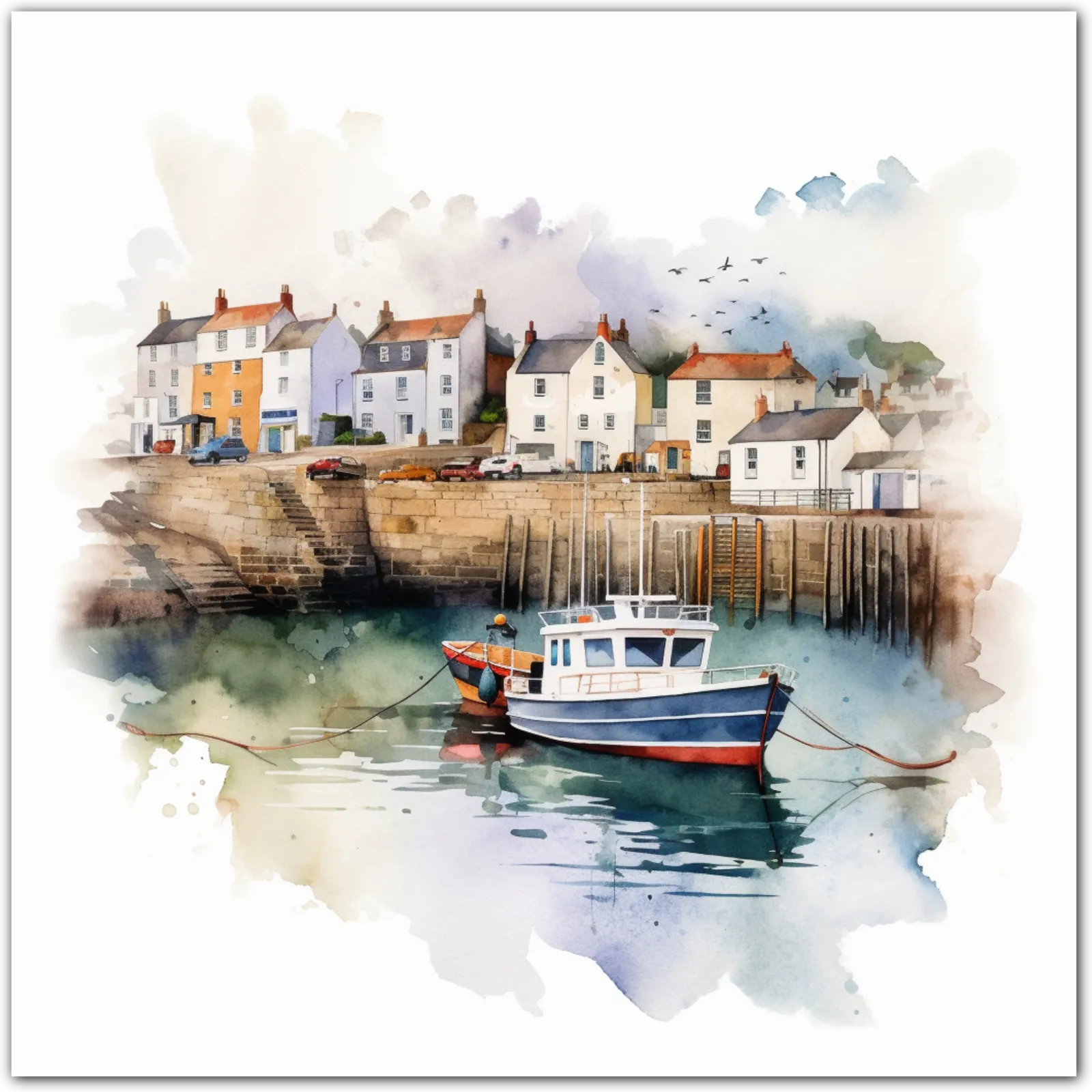 Watercolour painting of a coastal harbour with houses and a fishing boat.