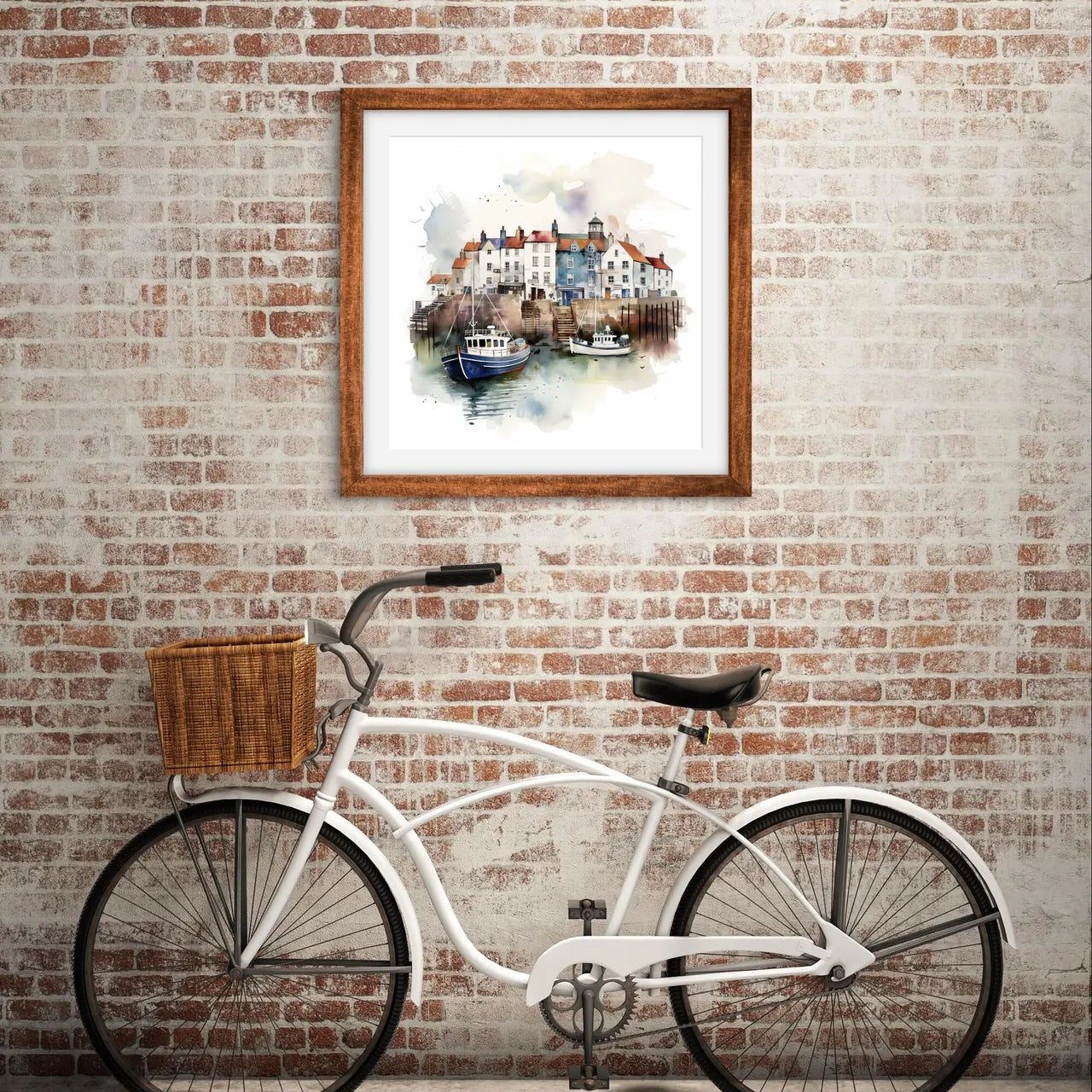 Watercolour painting of a harbour scene with fishing boats and cottages.