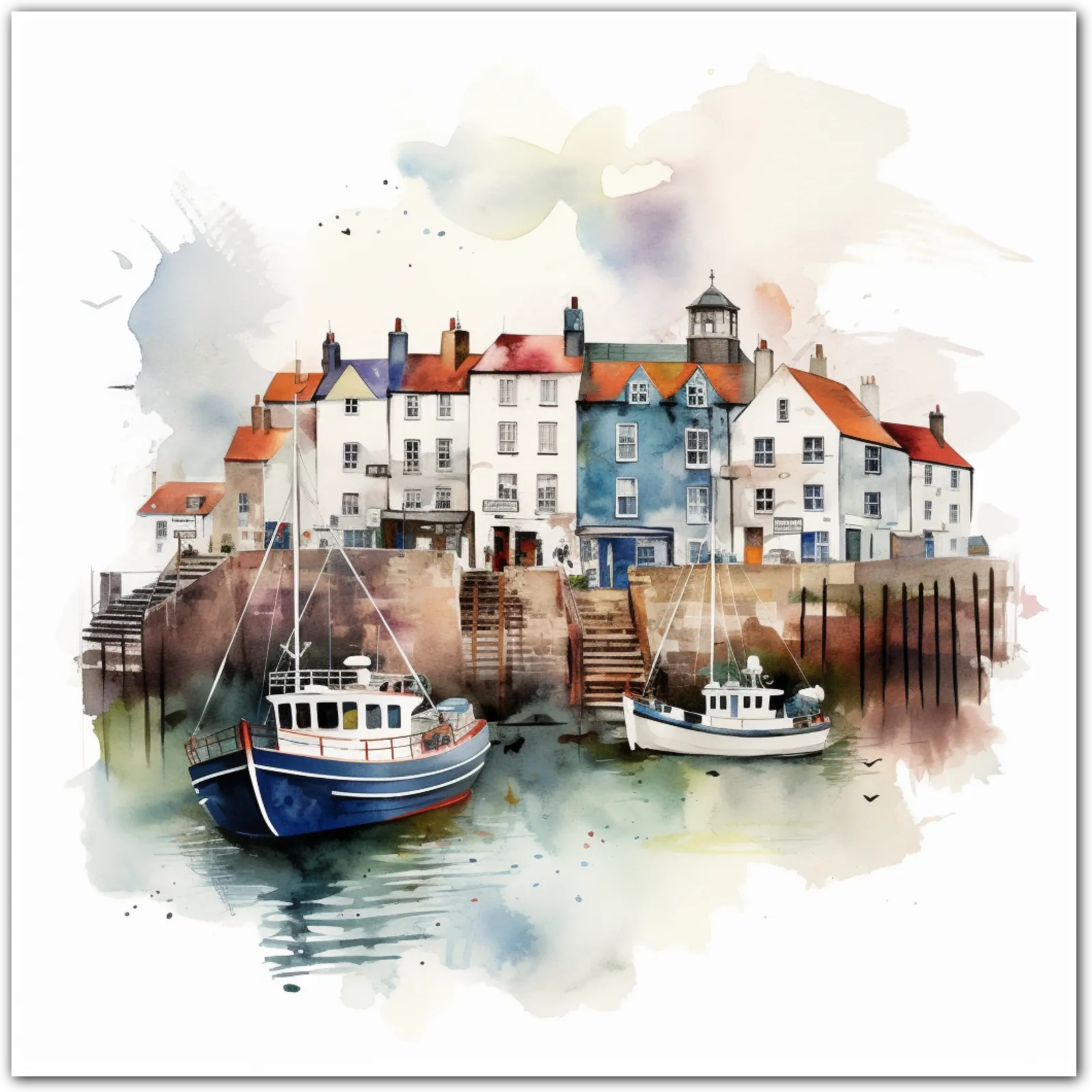 Watercolour painting of a harbour scene with fishing boats and cottages.