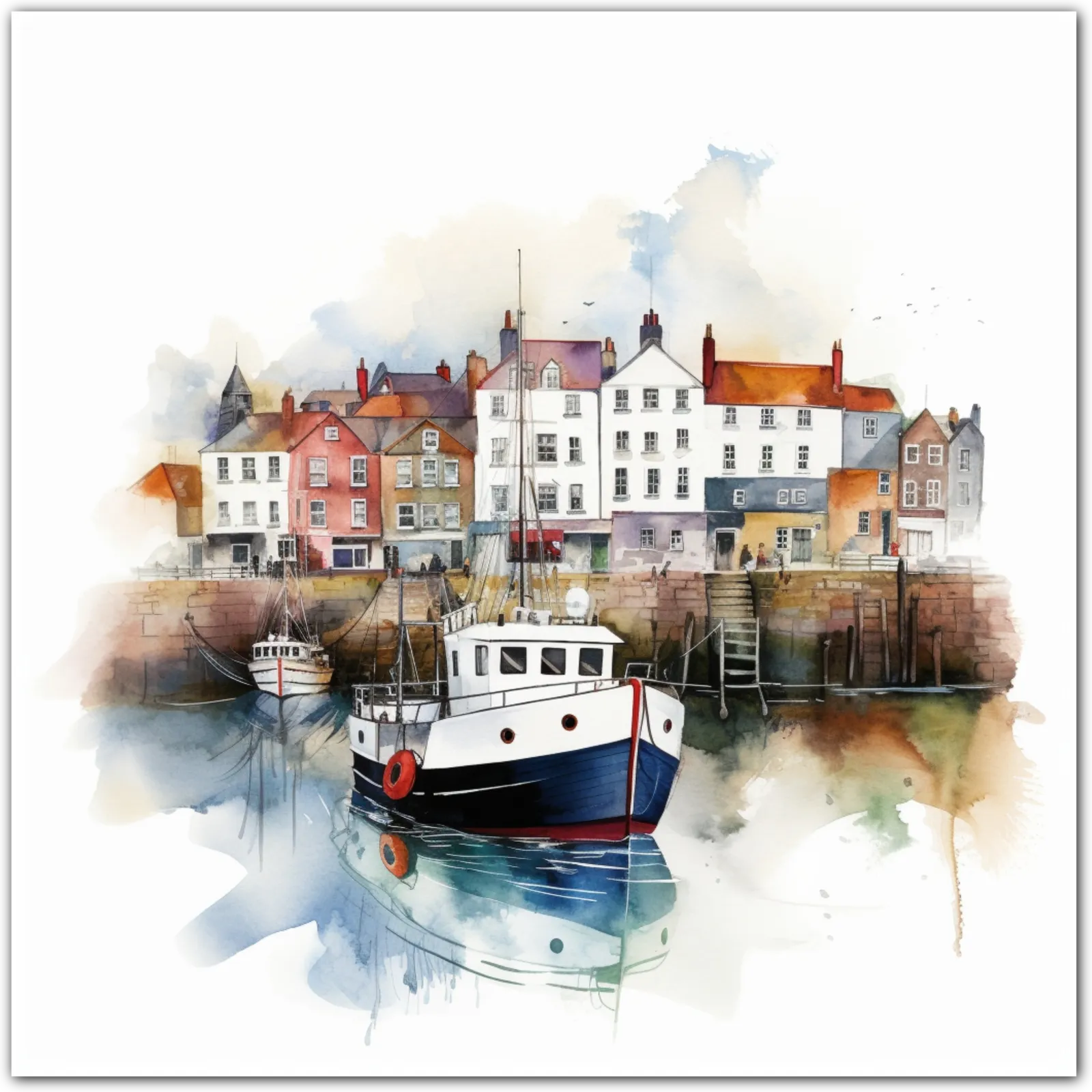 Watercolour artwork of a coastal village with cottages and boats in a harbour.