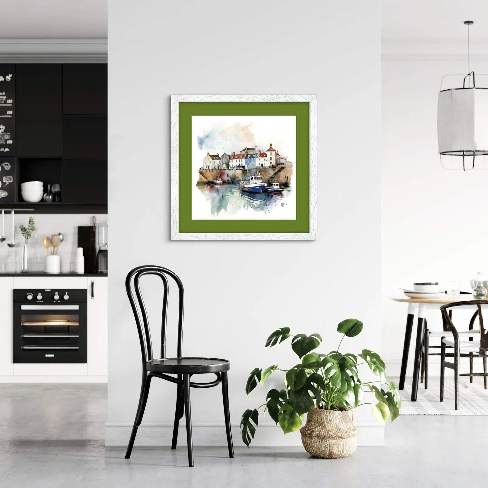 Watercolour of a coastal harbour with boats and houses