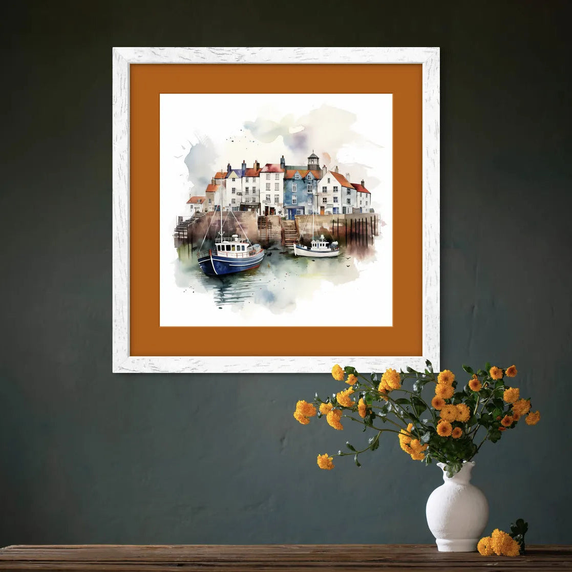 Watercolour painting of a coastal village with colourful cottages and boats in a harbour.