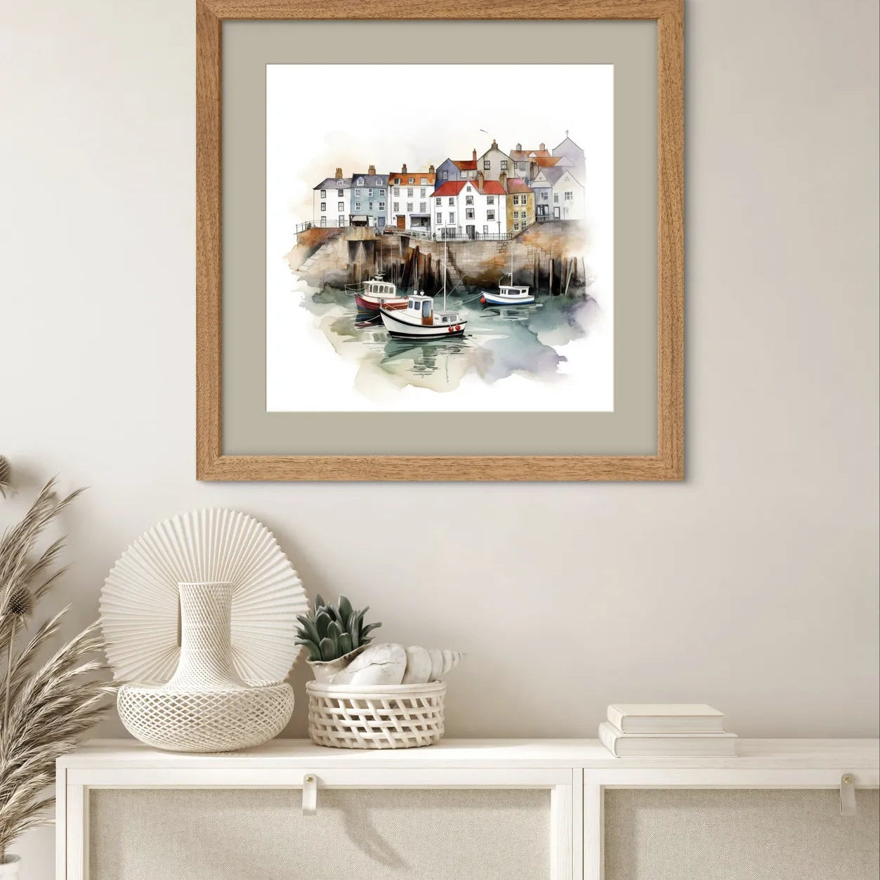 Watercolour painting of a coastal harbour with colourful houses and boats.