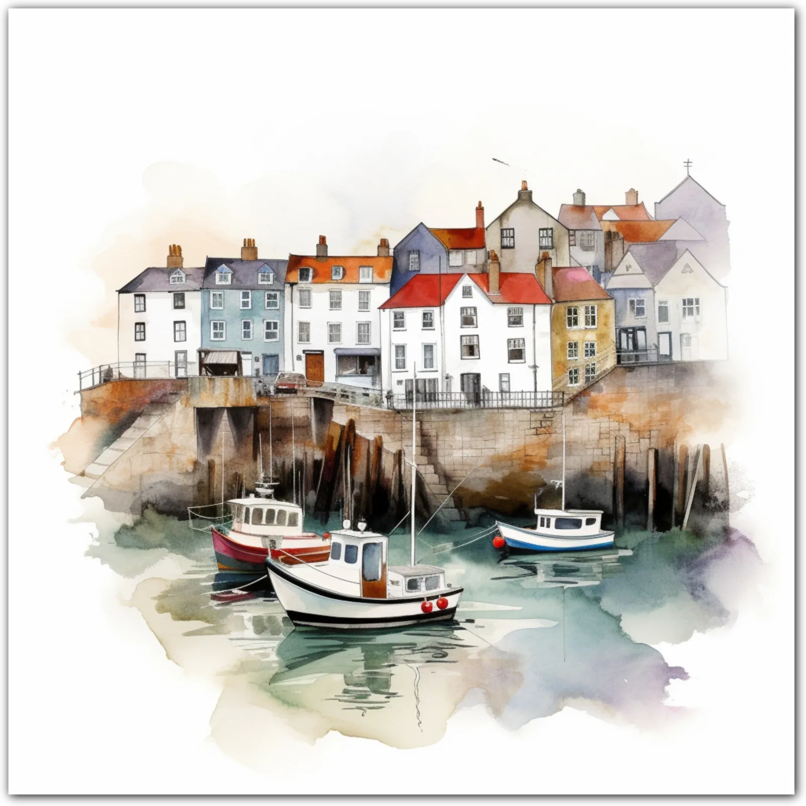 Watercolour painting of a coastal harbour with colourful houses and boats.