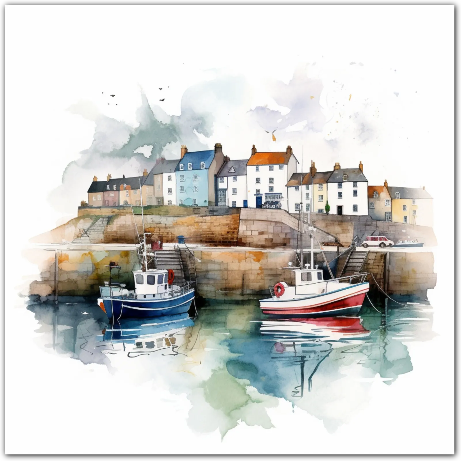 Watercolour painting of a coastal village with houses and fishing boats in a harbour.