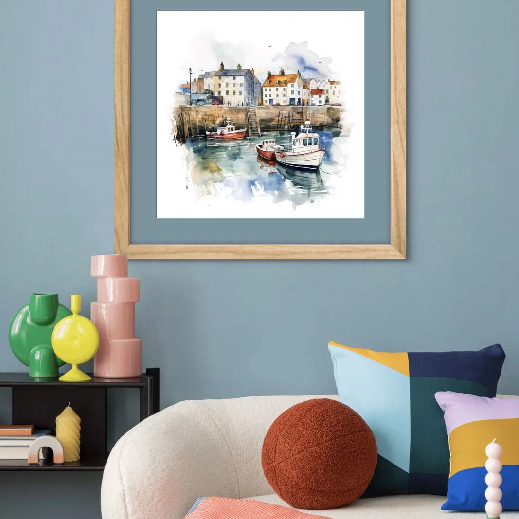 Watercolour painting of a harbour with boats and colourful houses.