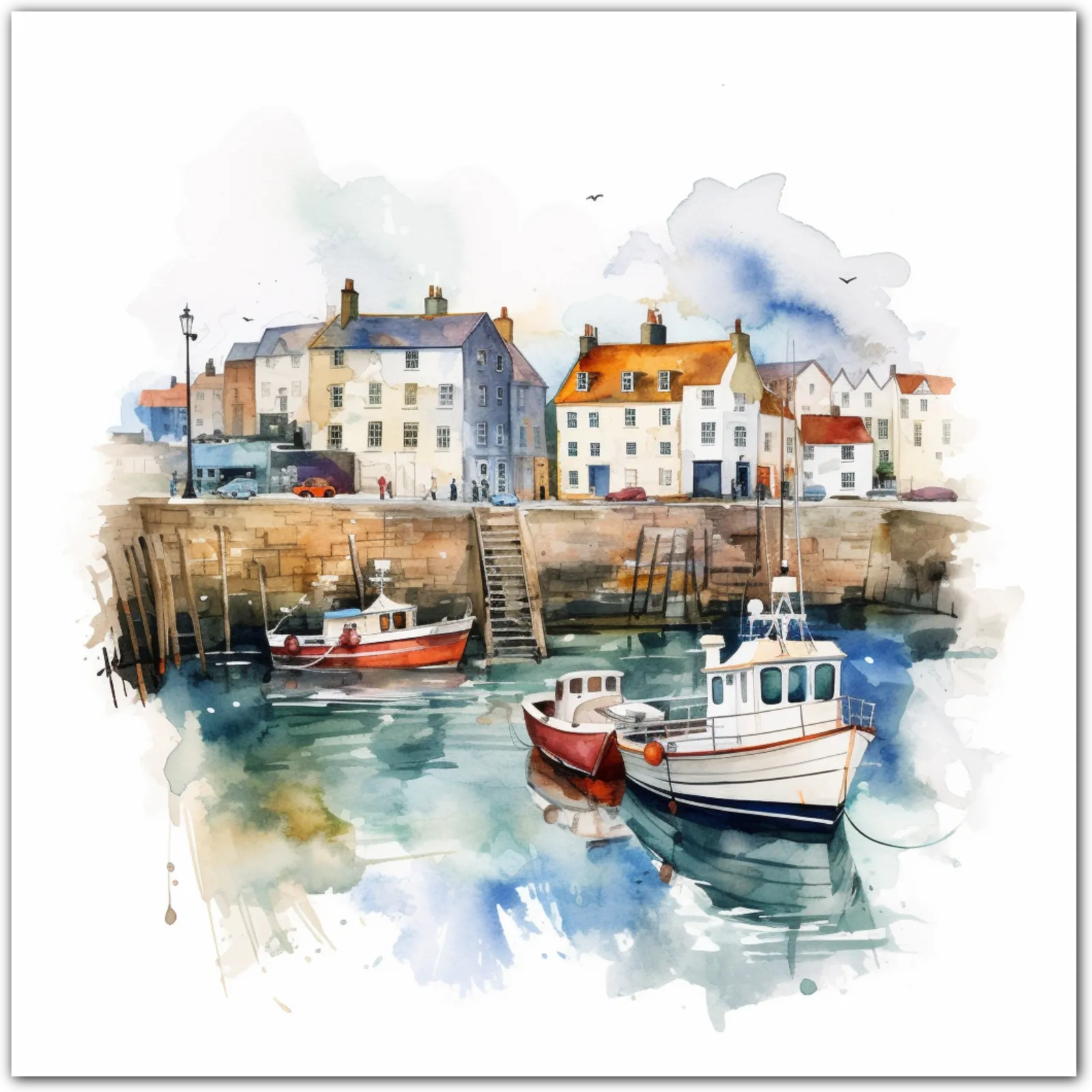 Watercolour painting of a harbour with boats and colourful houses.