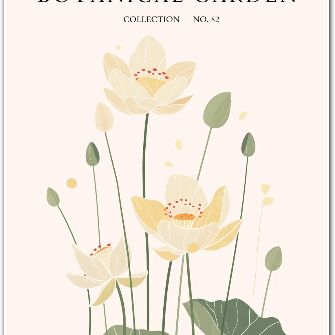Golden Lotus Garden Art Print – Tranquil Floral Elegance in Soft Neutrals