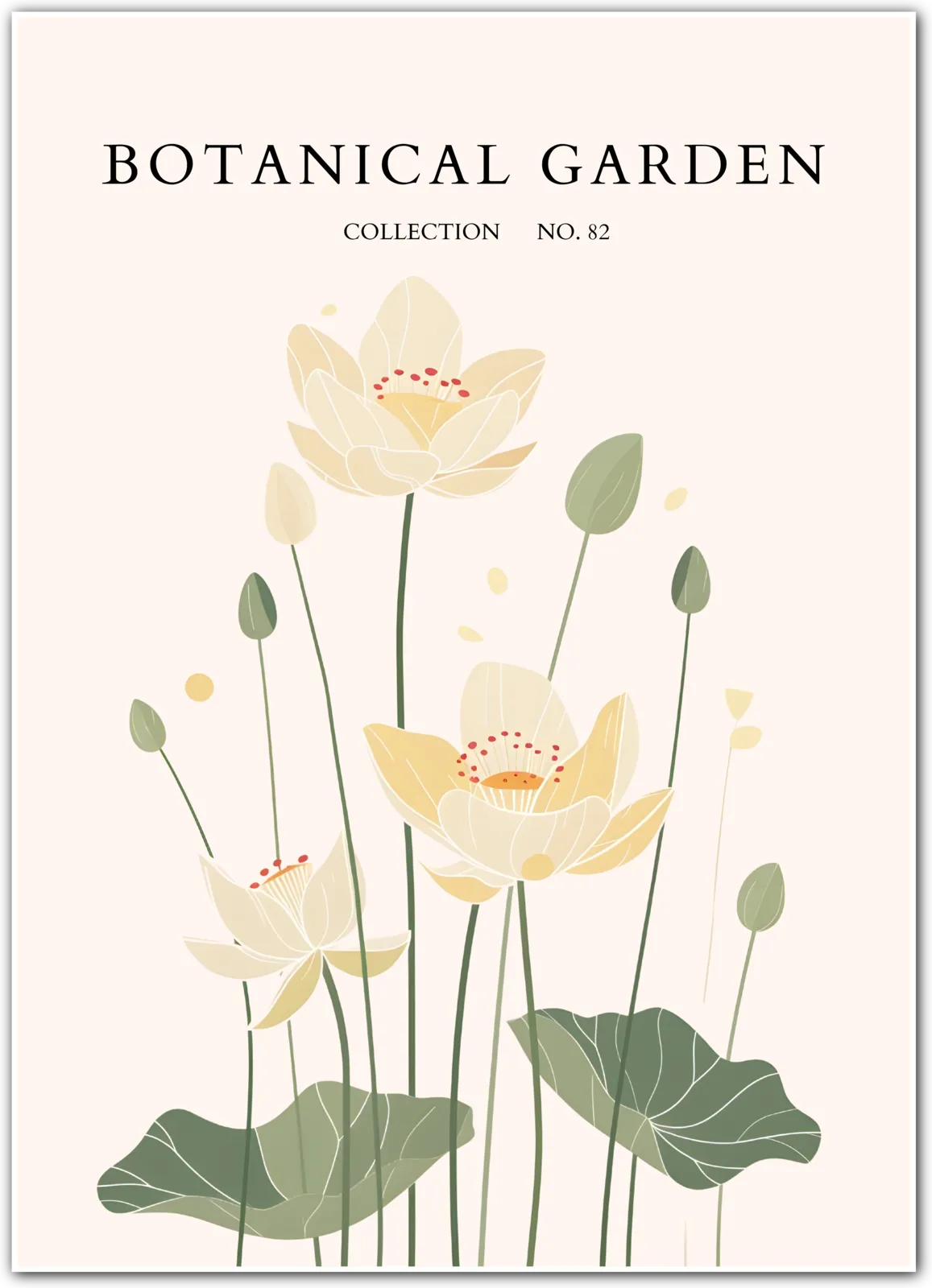 Golden Lotus Garden Art Print – Tranquil Floral Elegance in Soft Neutrals