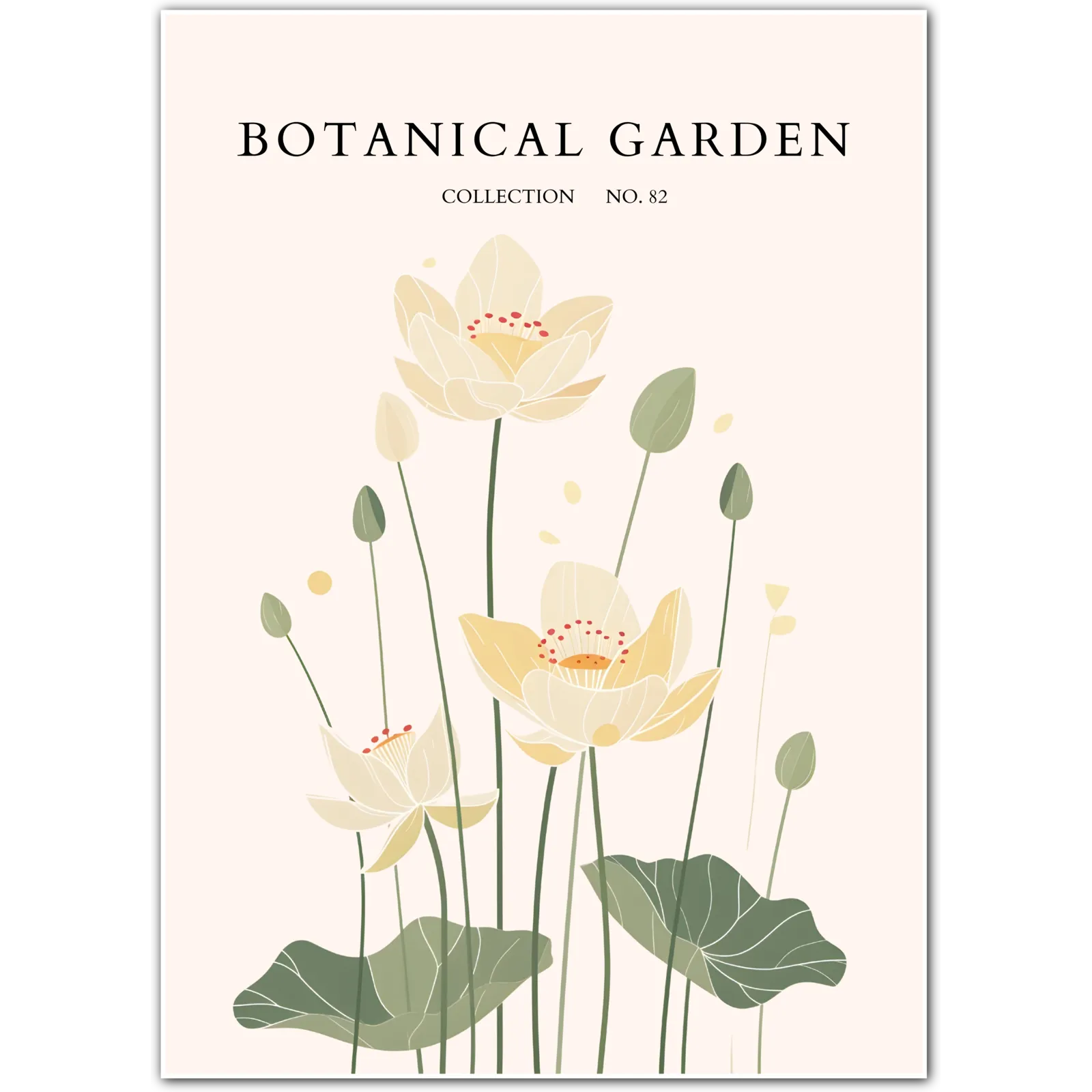 Golden Lotus Garden Art Print – Tranquil Floral Elegance in Soft Neutrals