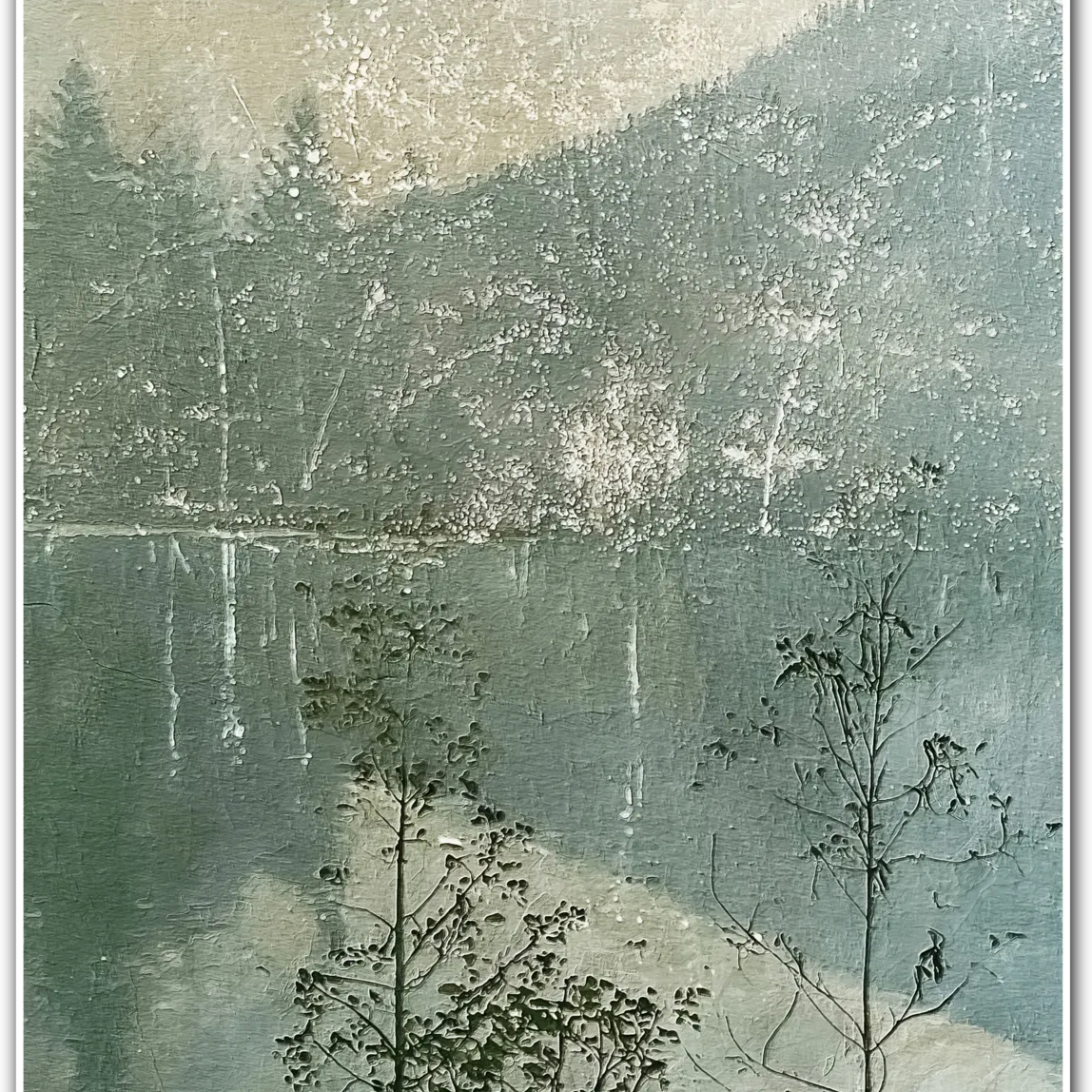 Still Waters – Misty Forest Lake Botanical Landscape Print