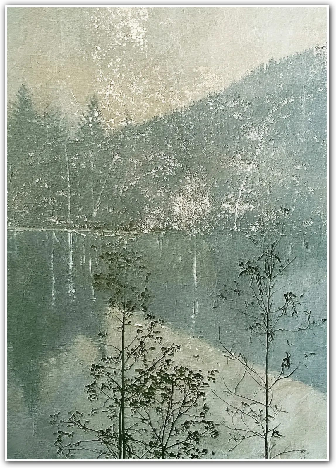 Still Waters – Misty Forest Lake Botanical Landscape Print