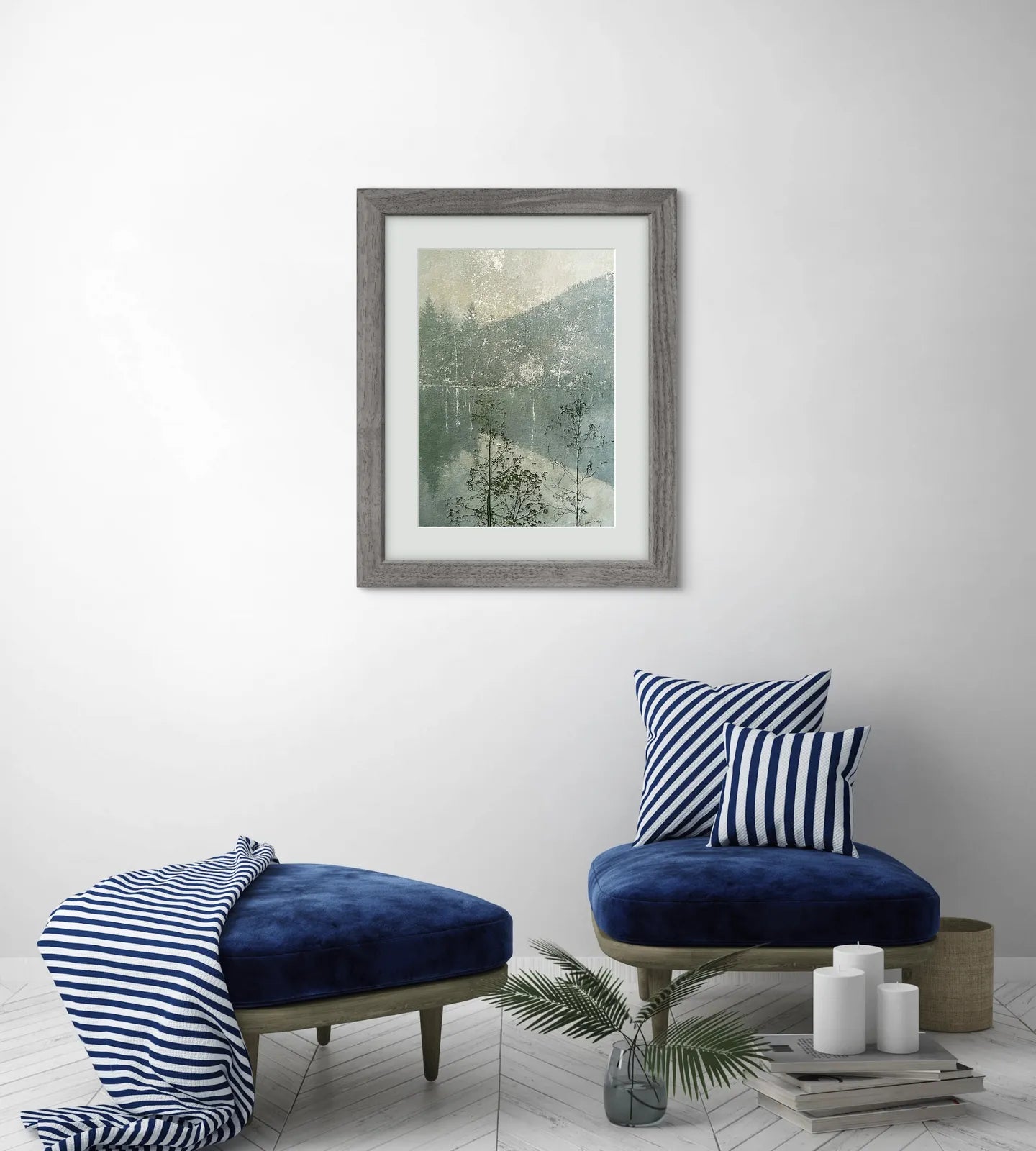 Still Waters – Misty Forest Lake Botanical Landscape Print