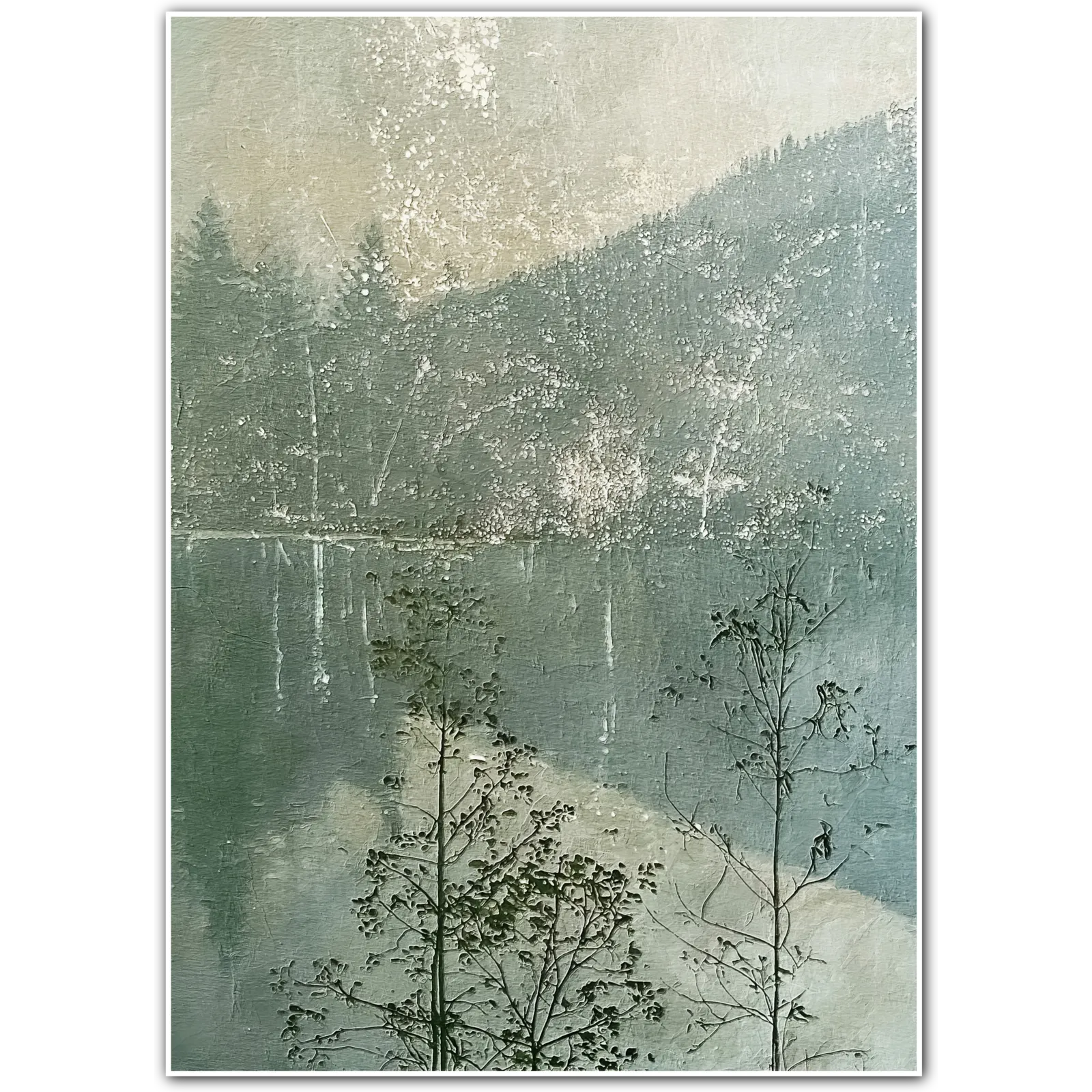 Still Waters – Misty Forest Lake Botanical Landscape Print