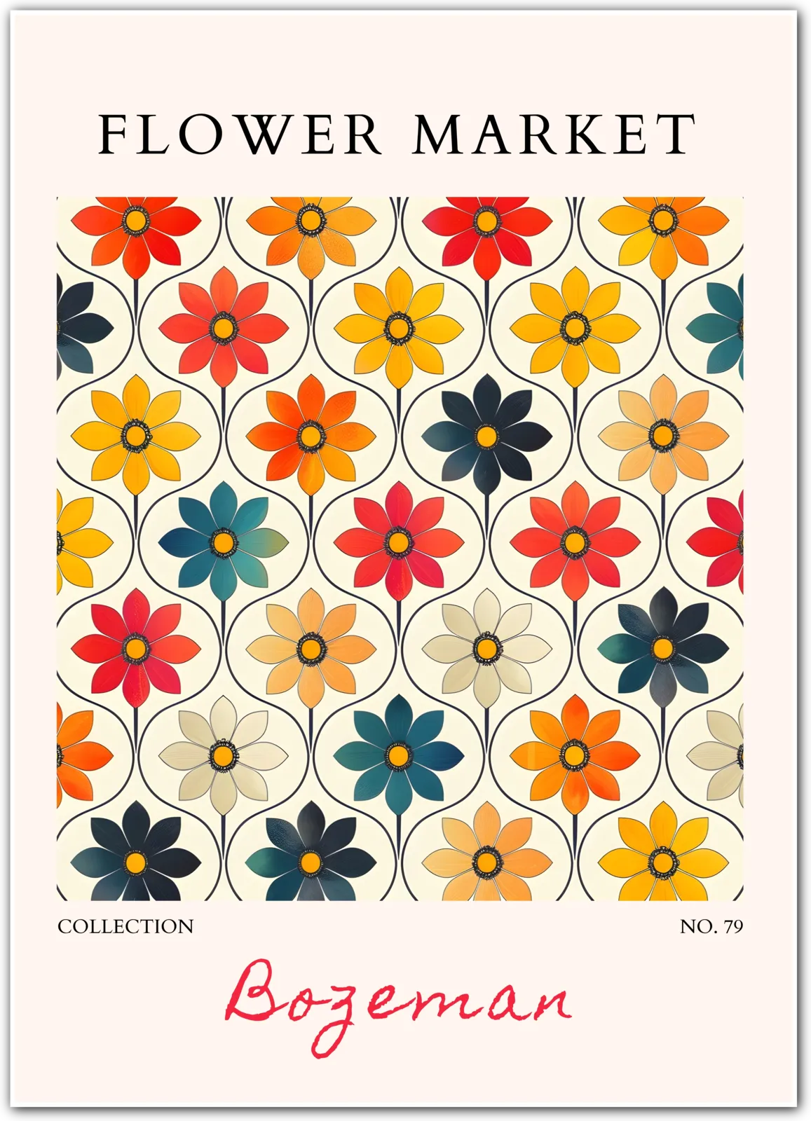 Bozeman Retro Bloom – Mid-Century Floral Art in Bold Colours