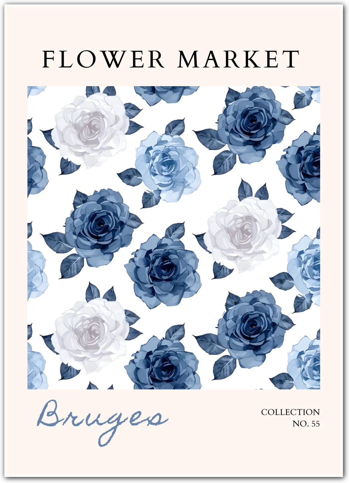 Bruges Flower Market Art Print – Blue Rose Watercolour Elegance