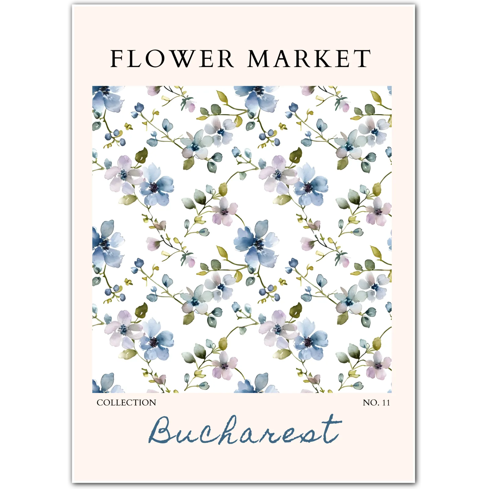 Bucharest Flower Market Art Print – Hand-Painted Wildflowers in Blue & Olive