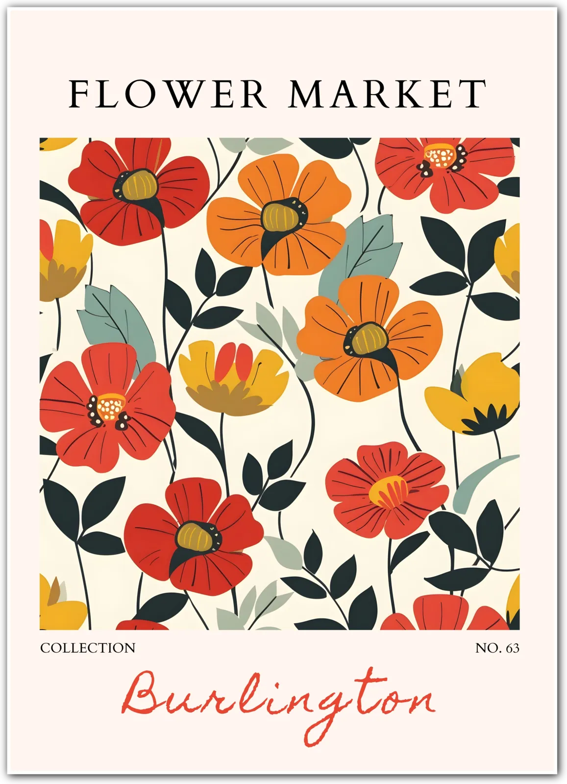 Burlington Flower Market Art Print – Bold Mid-Century Poppies in Red & Yellow