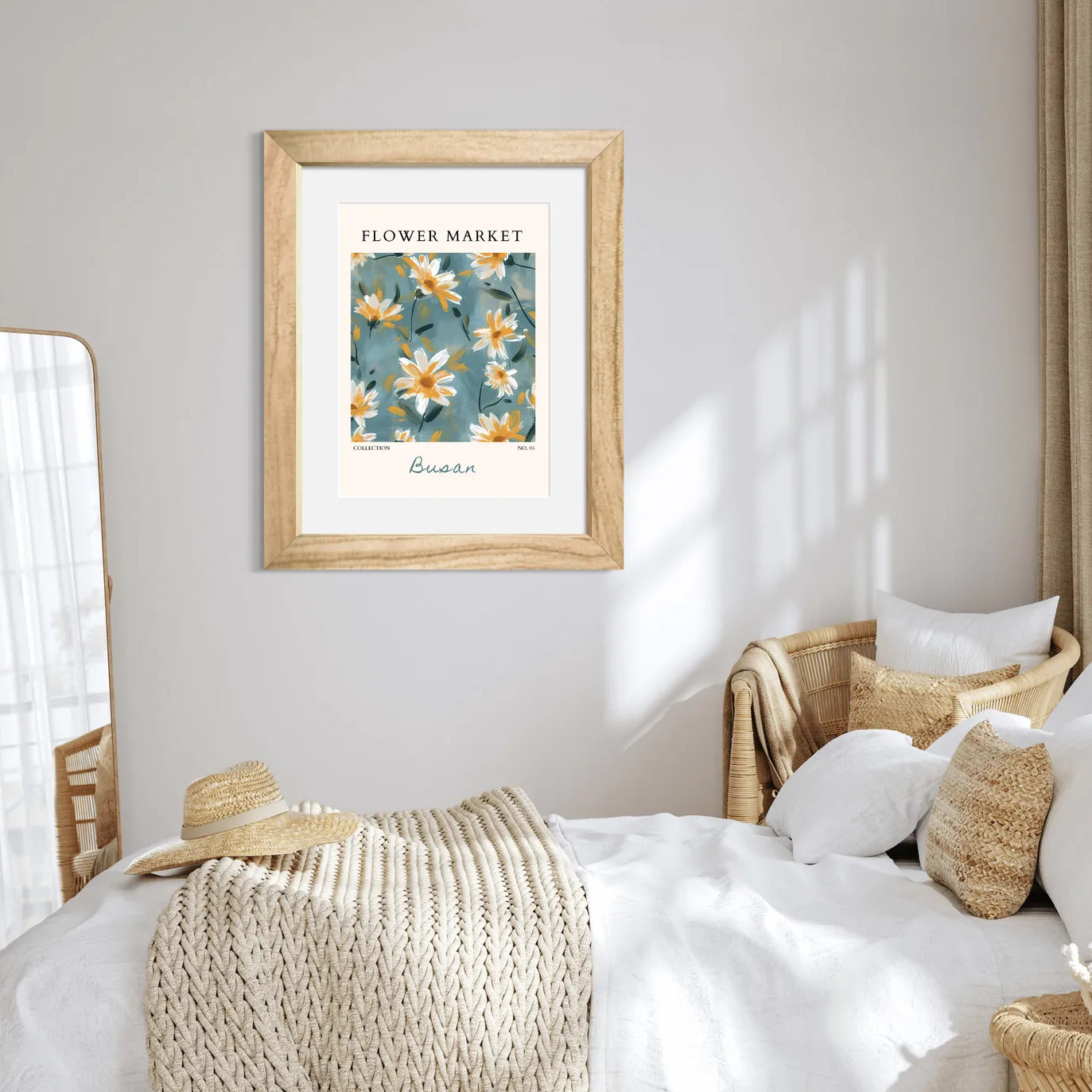 Busan Daisies Art Print – Painterly Coastal Blooms in Teal and Gold