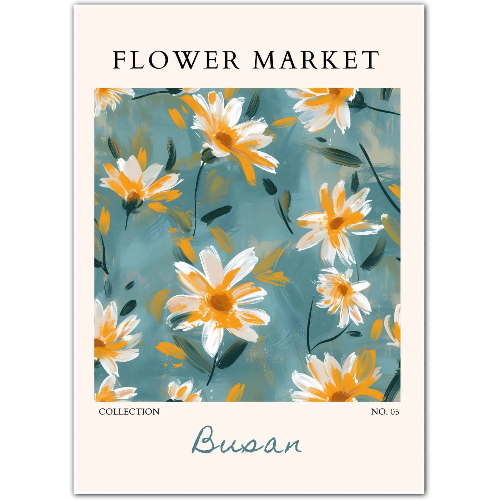 Busan Daisies Art Print – Painterly Coastal Blooms in Teal and Gold