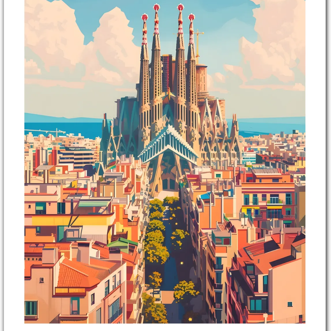 Barcelona Spain Art Print – Sagrada Familia and Cityscape in Soft Tones