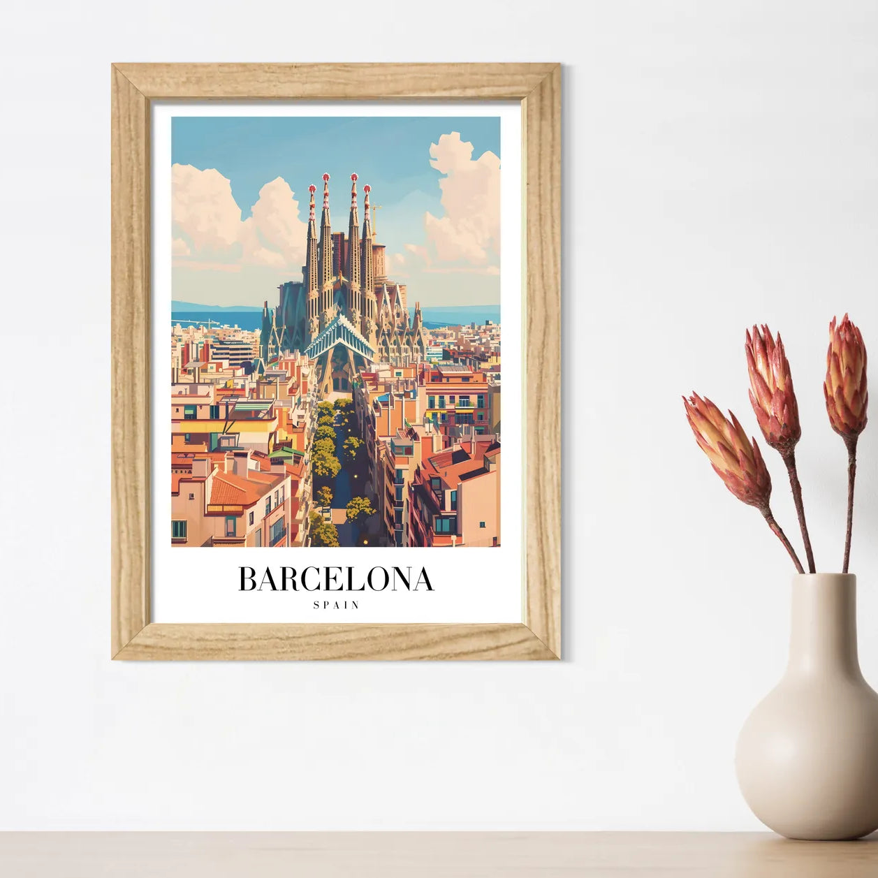 Barcelona Spain Art Print – Sagrada Familia and Cityscape in Soft Tones