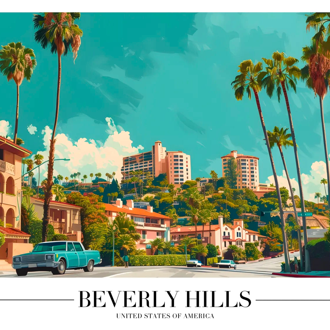 Beverly Hills Art Print with Retro Cars and Palm-Lined Road 3