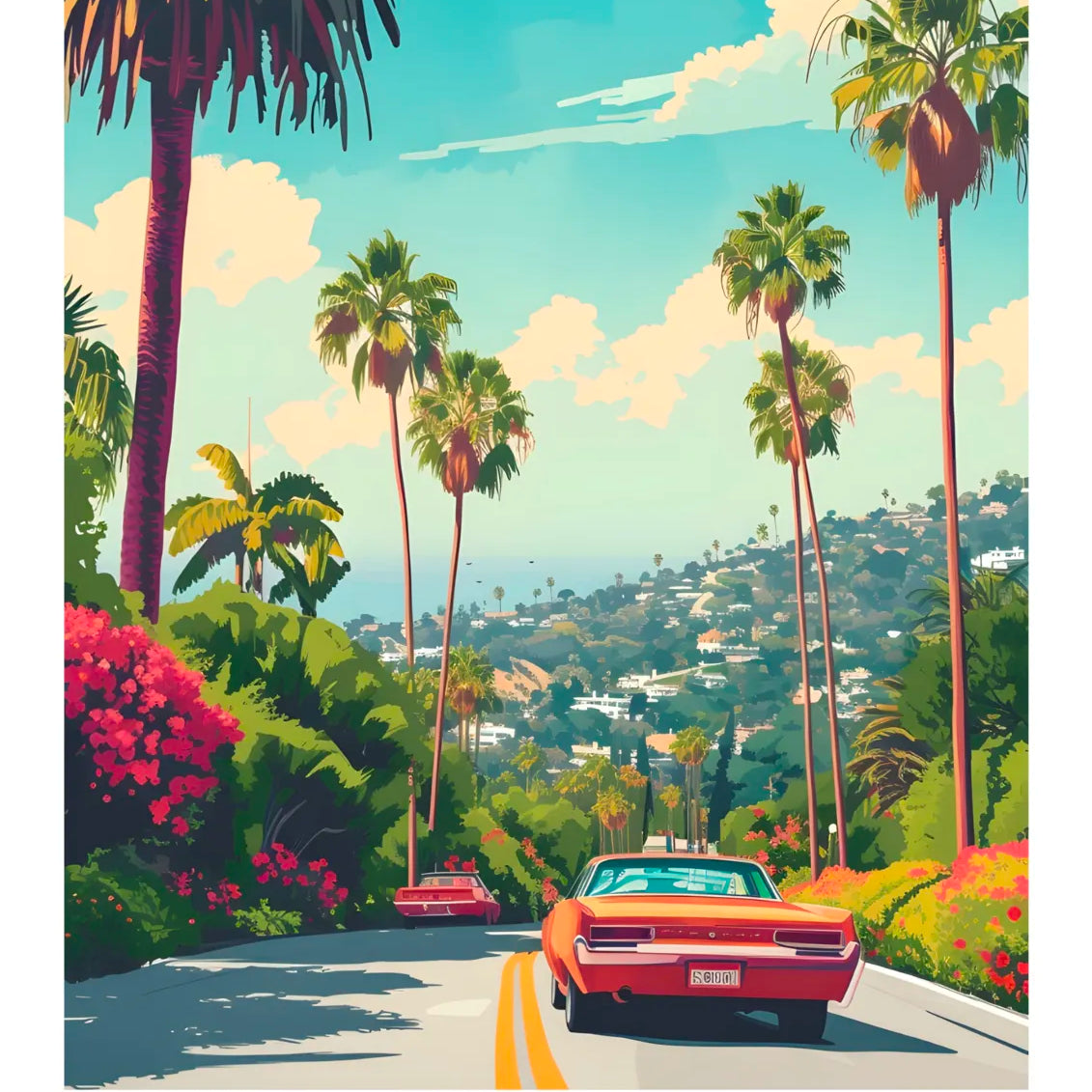 Retro Beverly Hills Art Print With Classic Cars And Palms 3