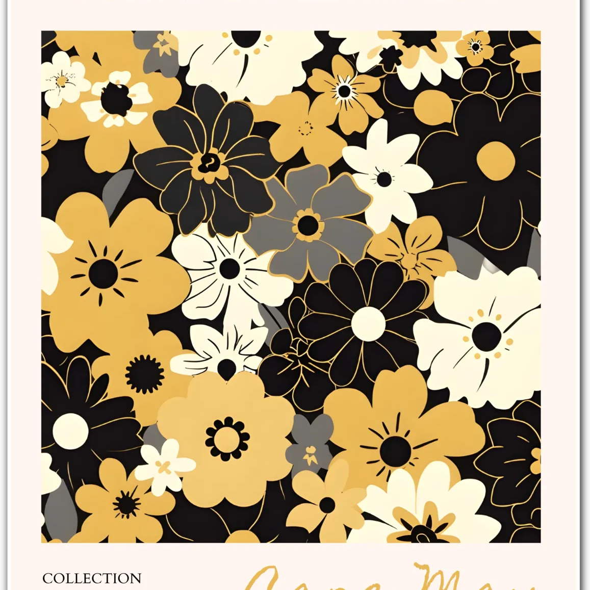 Cape May Retro Floral Art Print – Black, Cream and Mustard Mid-Century Style