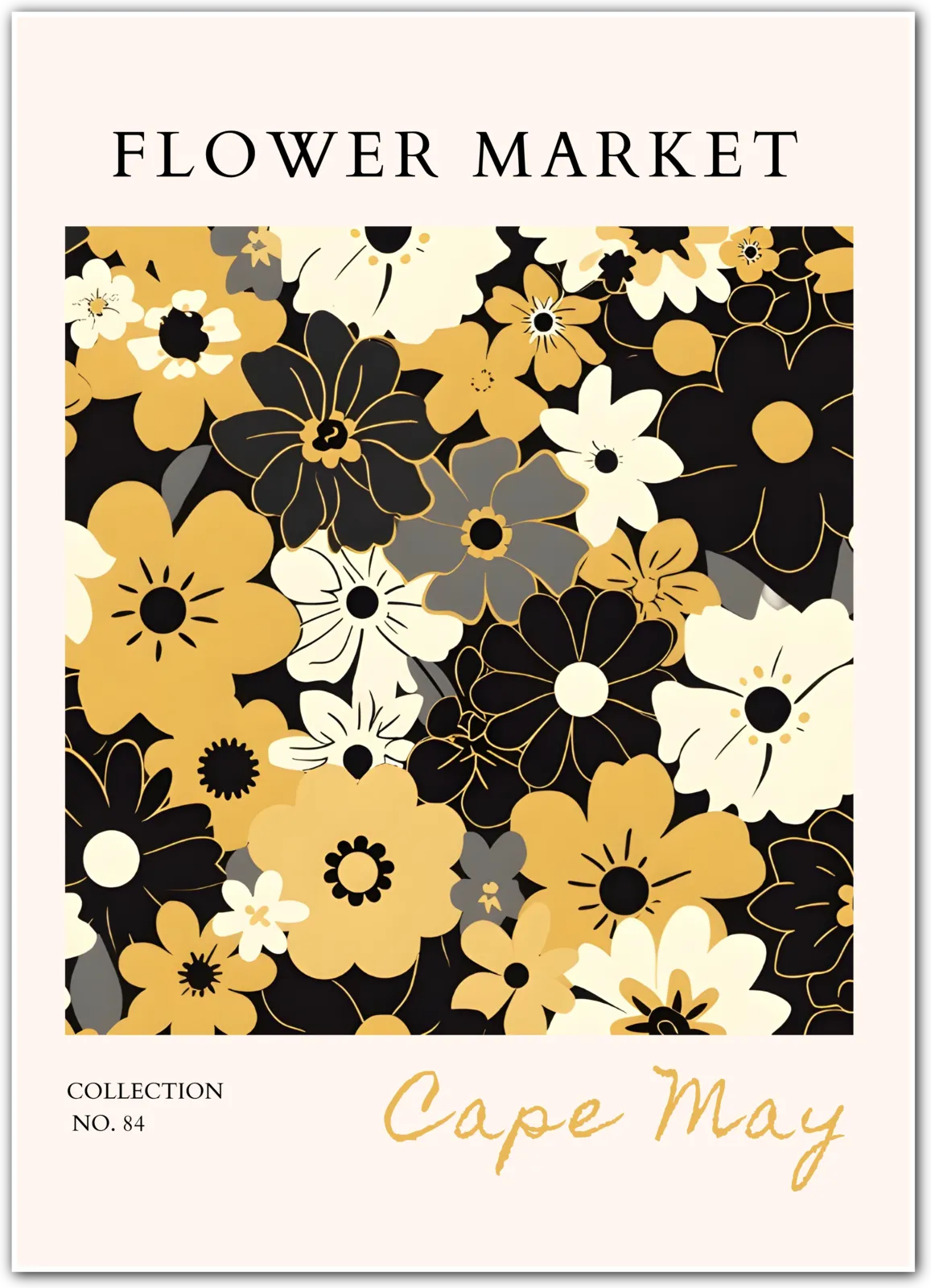 Cape May Retro Floral Art Print – Black, Cream and Mustard Mid-Century Style
