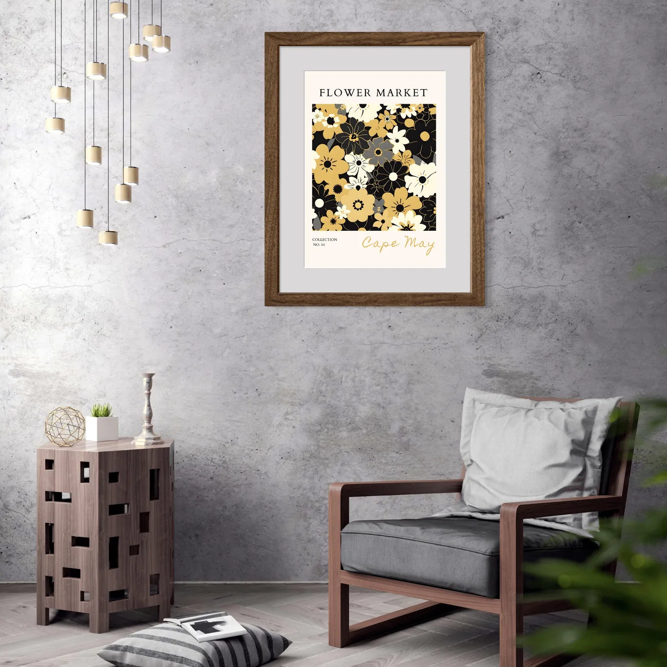 Cape May Retro Floral Art Print – Black, Cream and Mustard Mid-Century Style