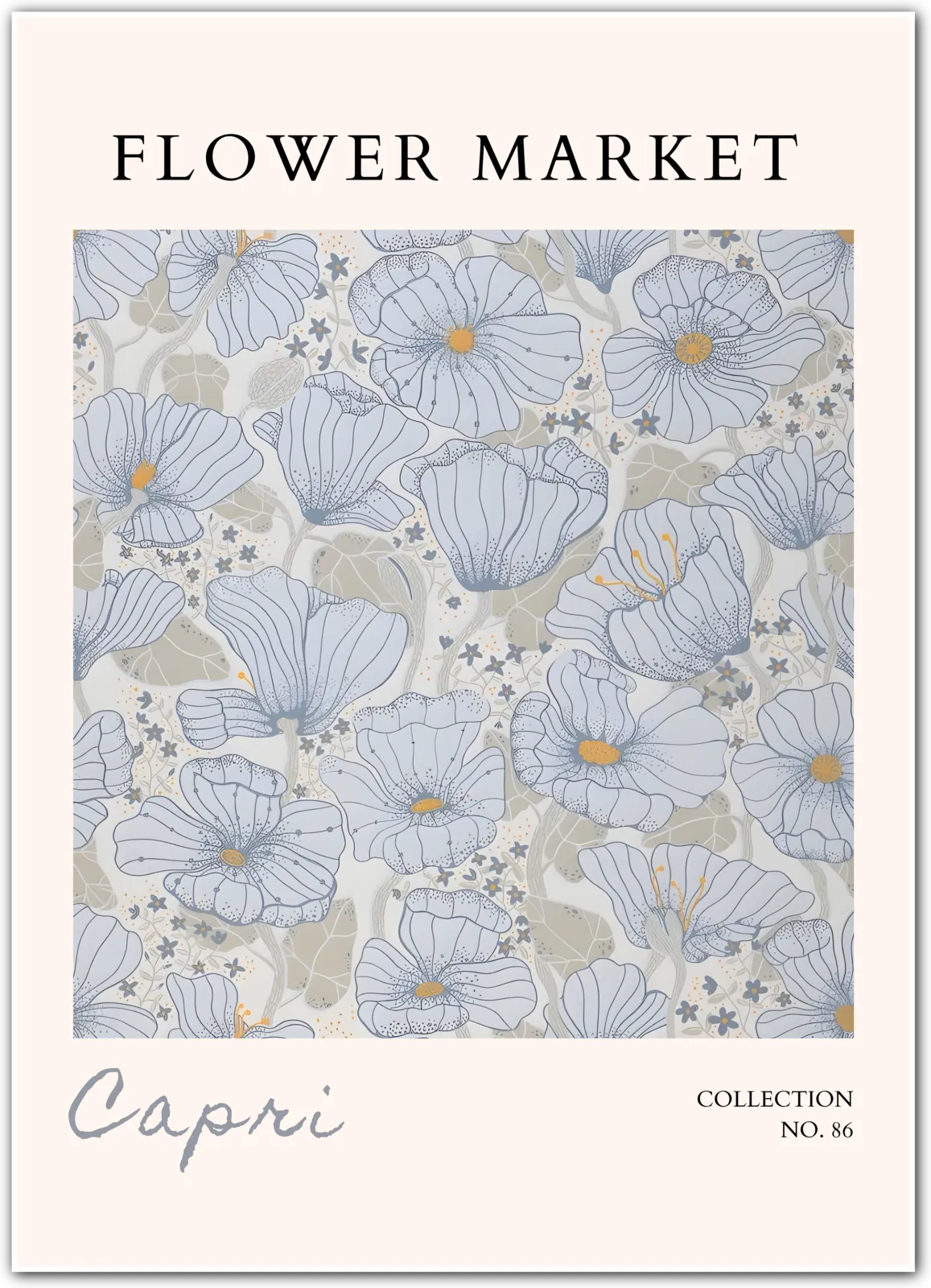 Capri Blue Poppies Art Print – Delicate Linework in Soft Coastal Hues