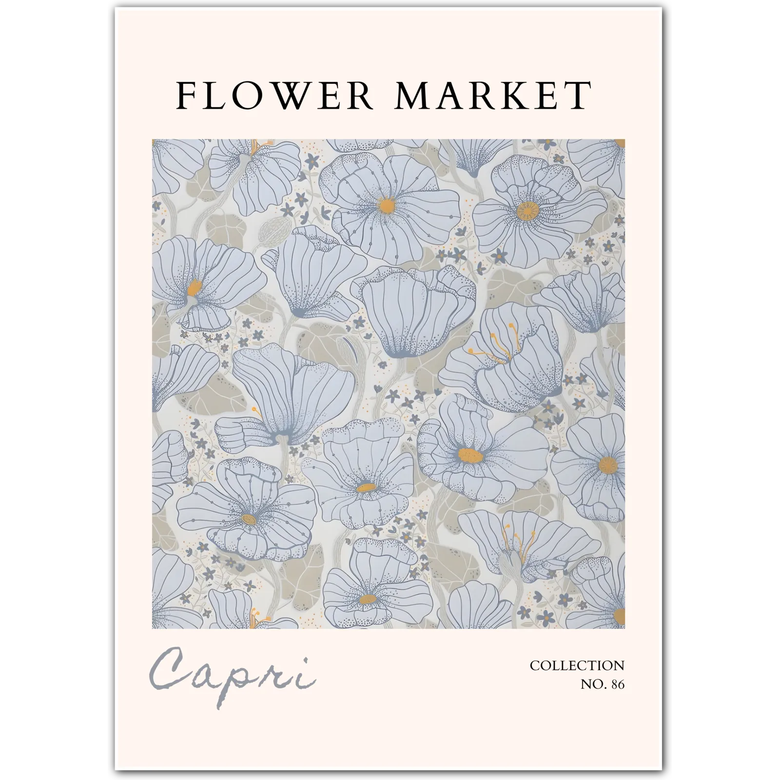Capri Blue Poppies Art Print – Delicate Linework in Soft Coastal Hues